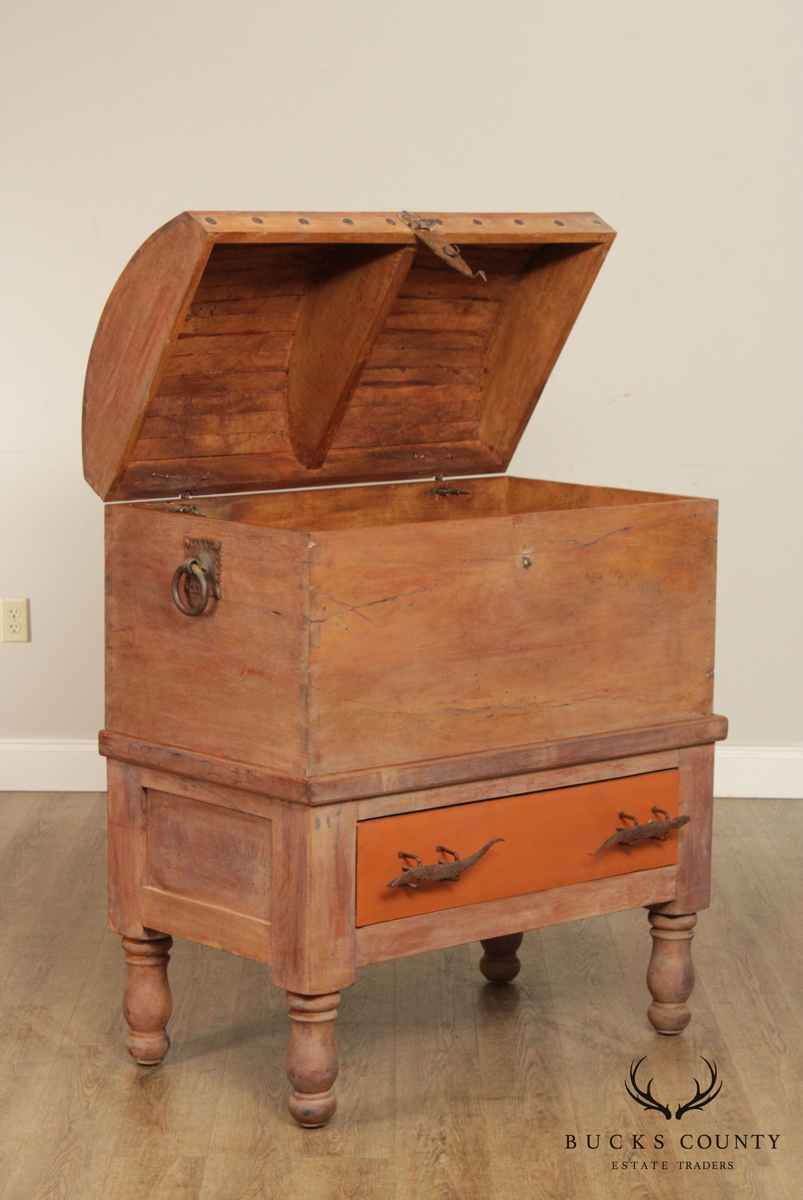 Antique 19th C. Leather Wrapped Hardwood Chest with Iron Crocodile Hardware