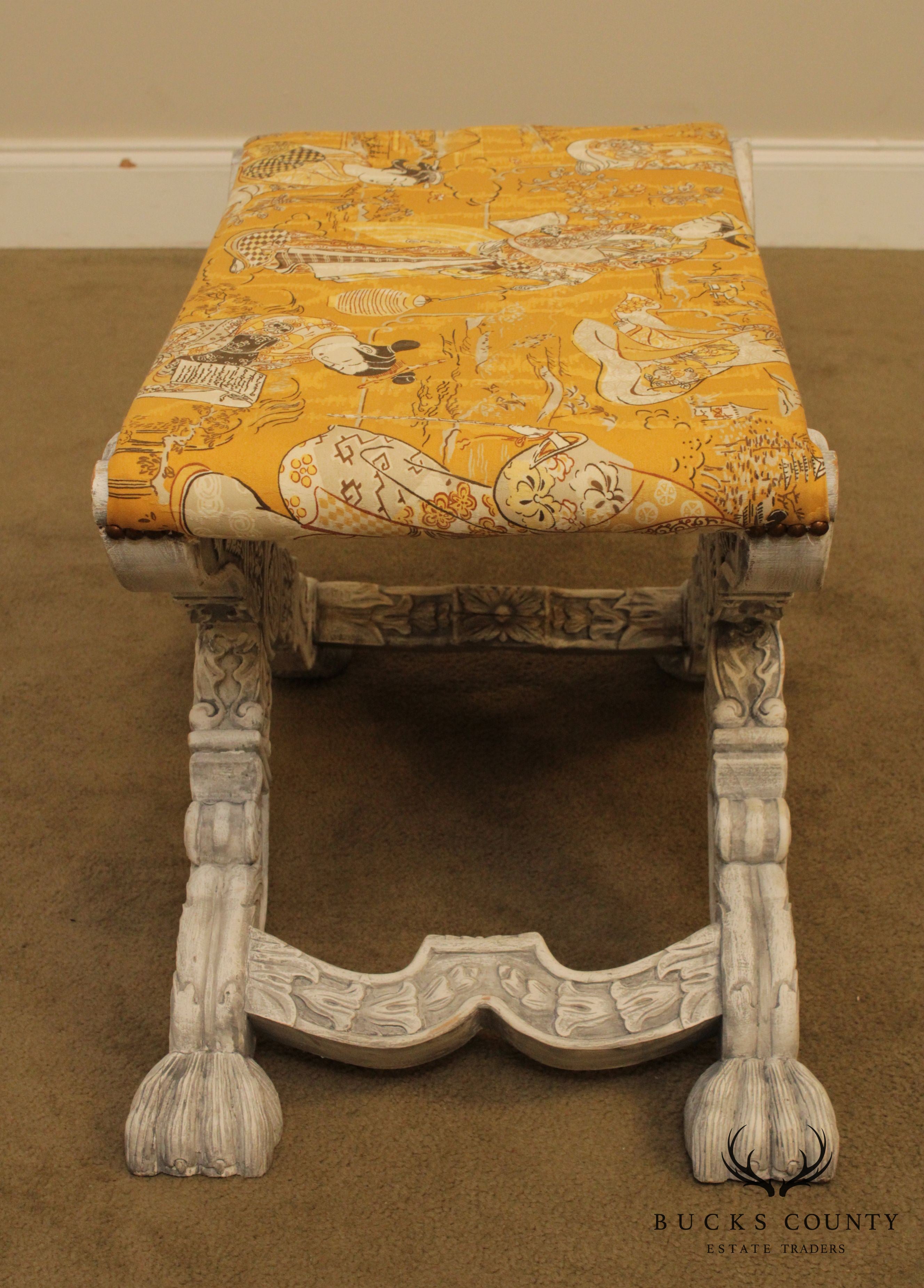 Italian Baroque Style Carved Pair X Base Benches or Stools