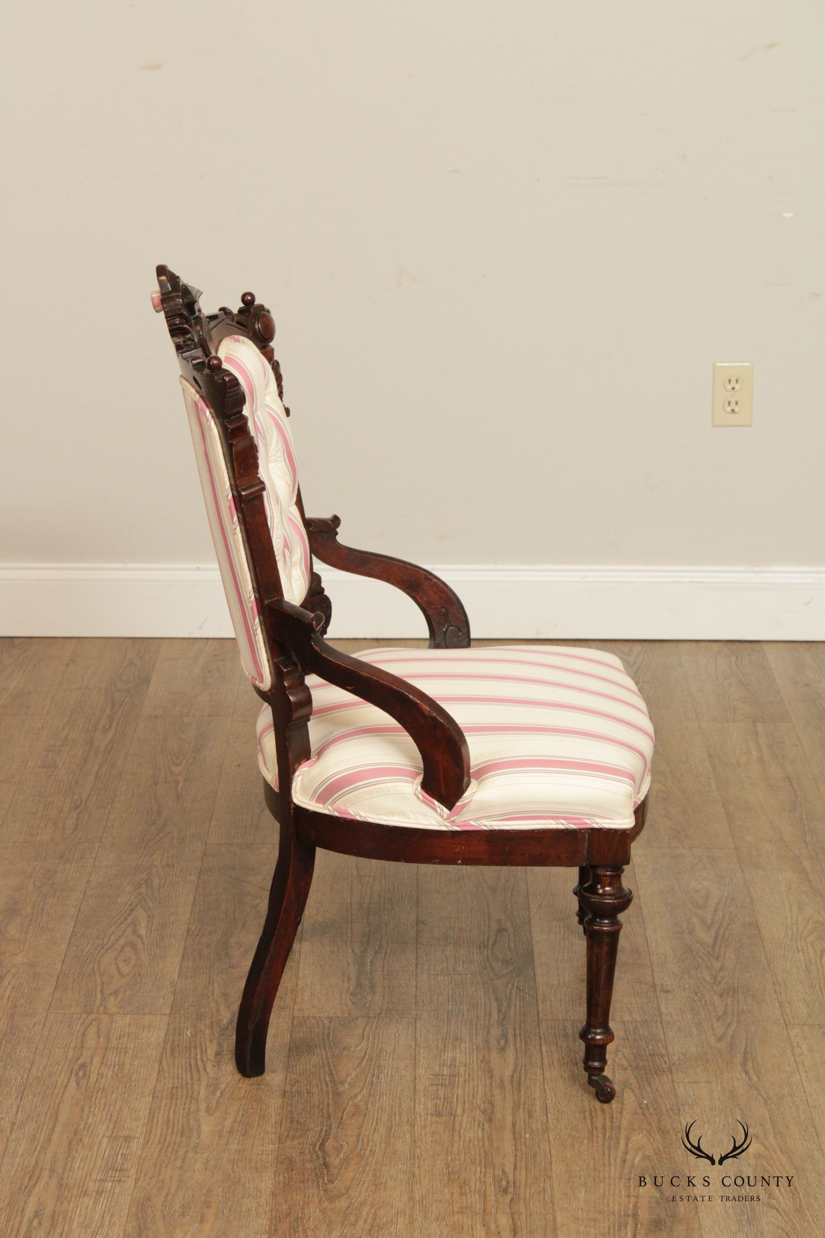 Antique Victorian Renaissance Carved Walnut Pair Of Armchairs