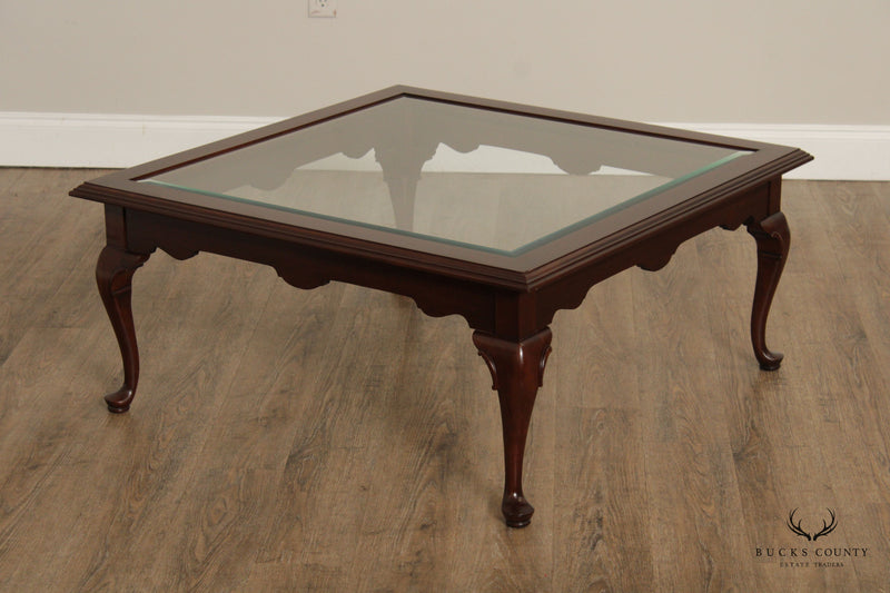 Ethan Allen Georgian Court Queen Anne Style Glass Top Cherry Coffee Table