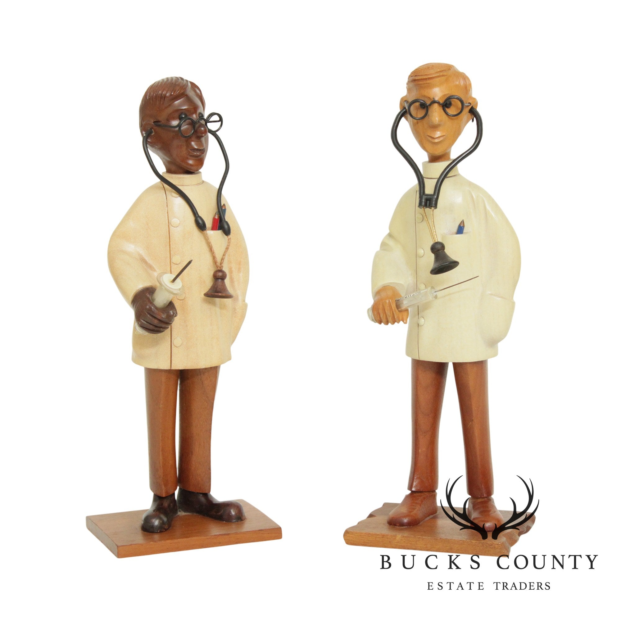 Romer Vintage Set 2 Hand Carved Wood Doctor Figurines, Statues