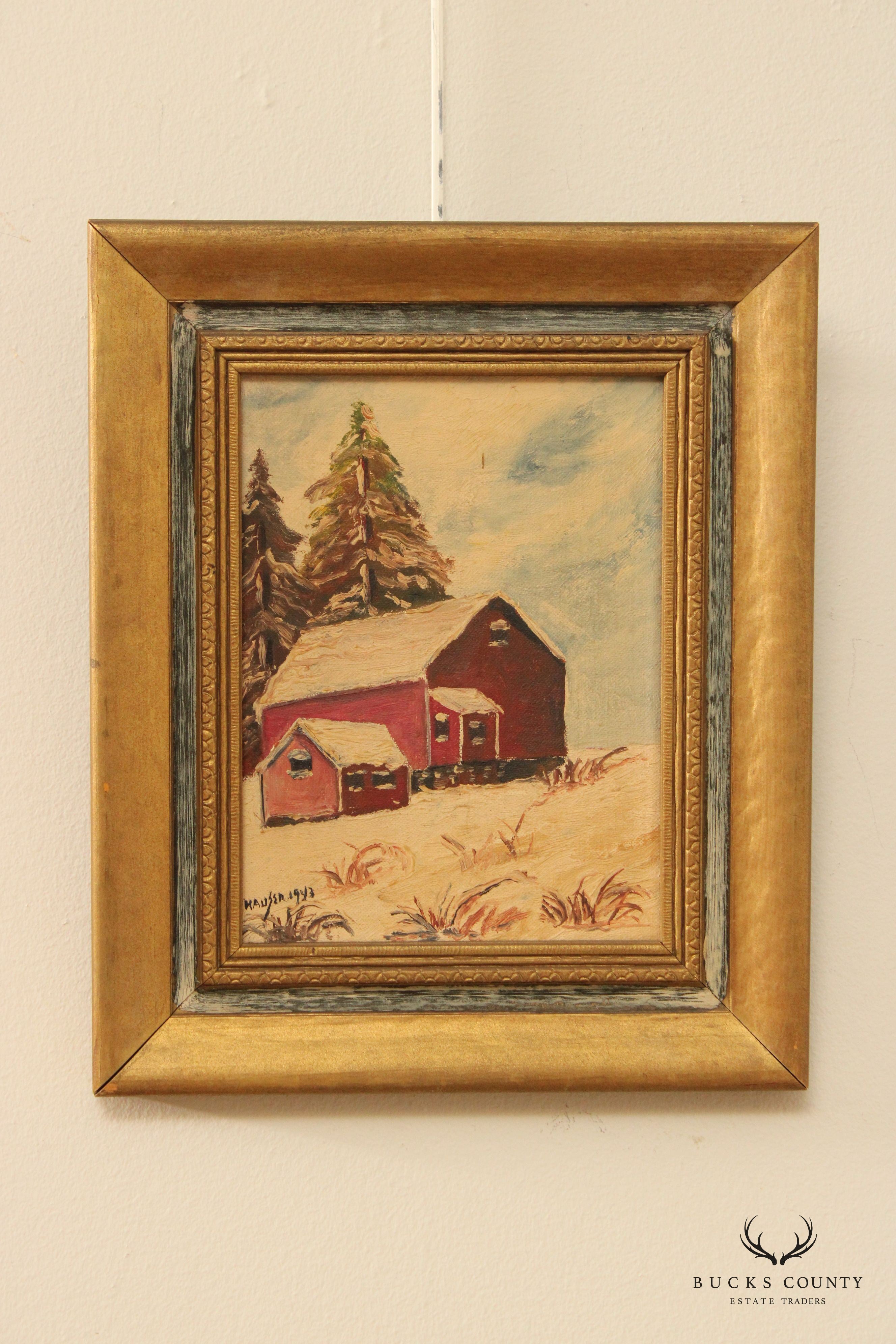 Vintage 1940s Barn Original Oil Painting, Custom Framed