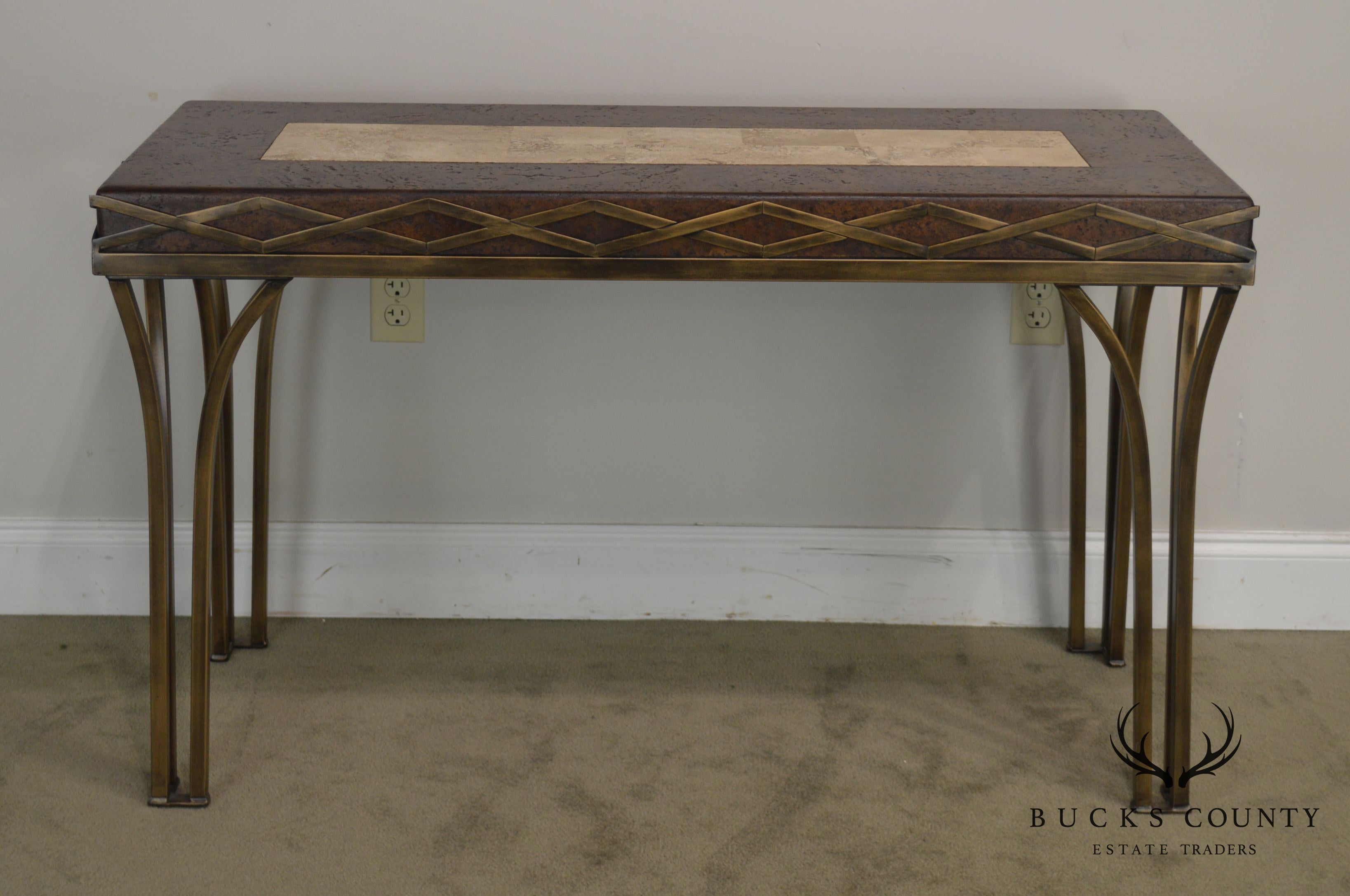 Iron Console Table with Cork and Tessellated Travertine Top