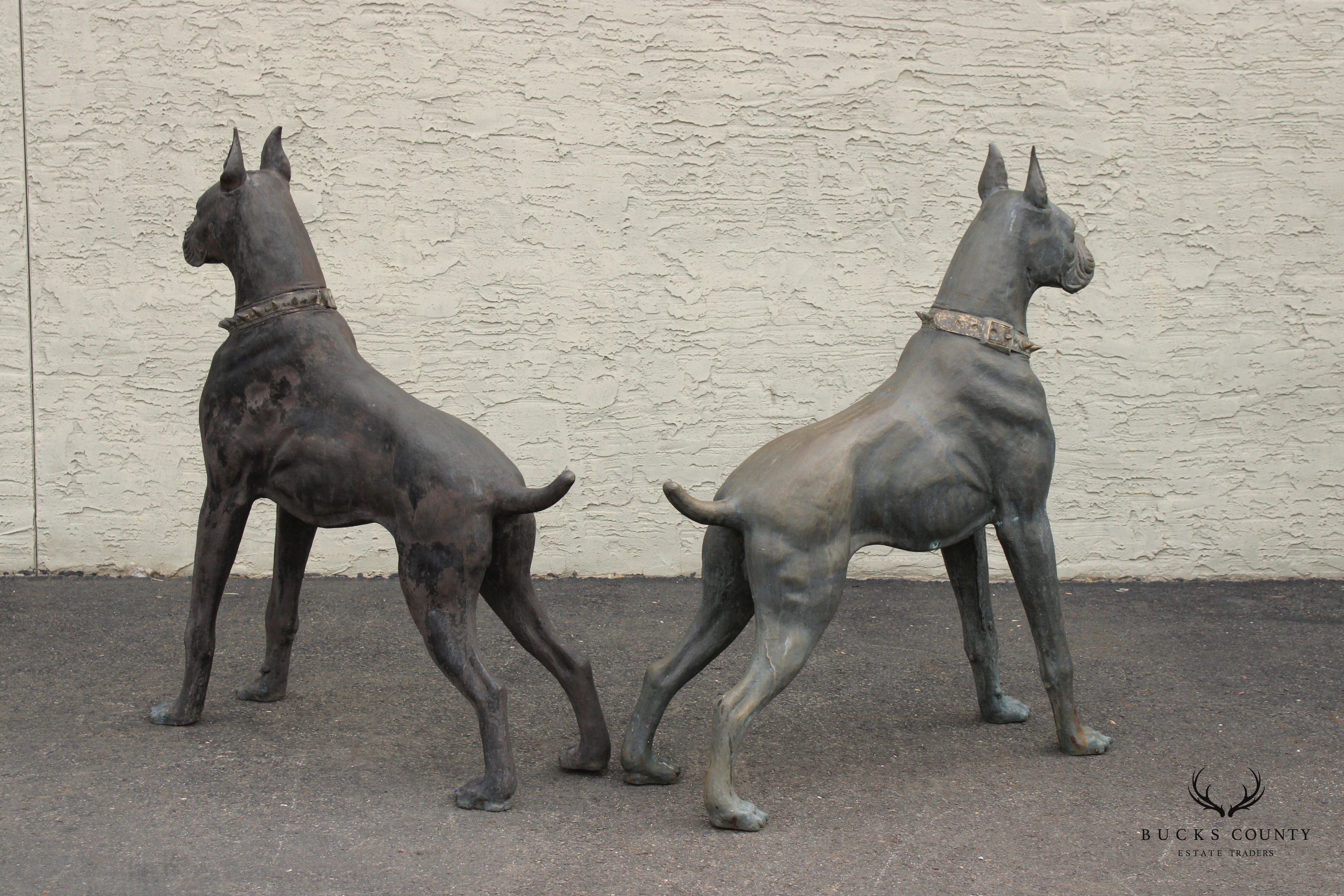 Large Pair of Patinated Bronze Boxer Dogs Garden Statues