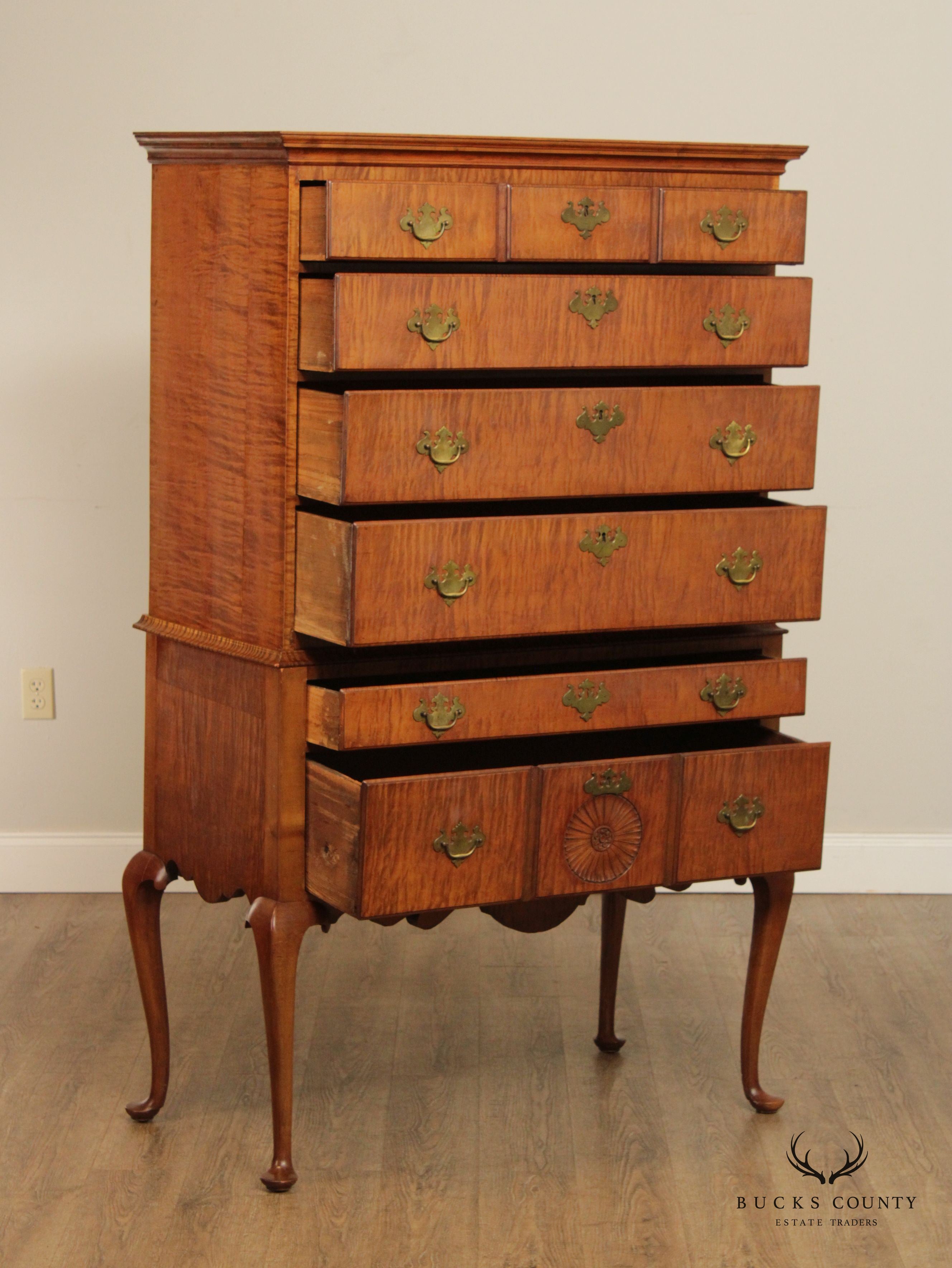 Antique New England Queen Anne Tiger Maple Highboy