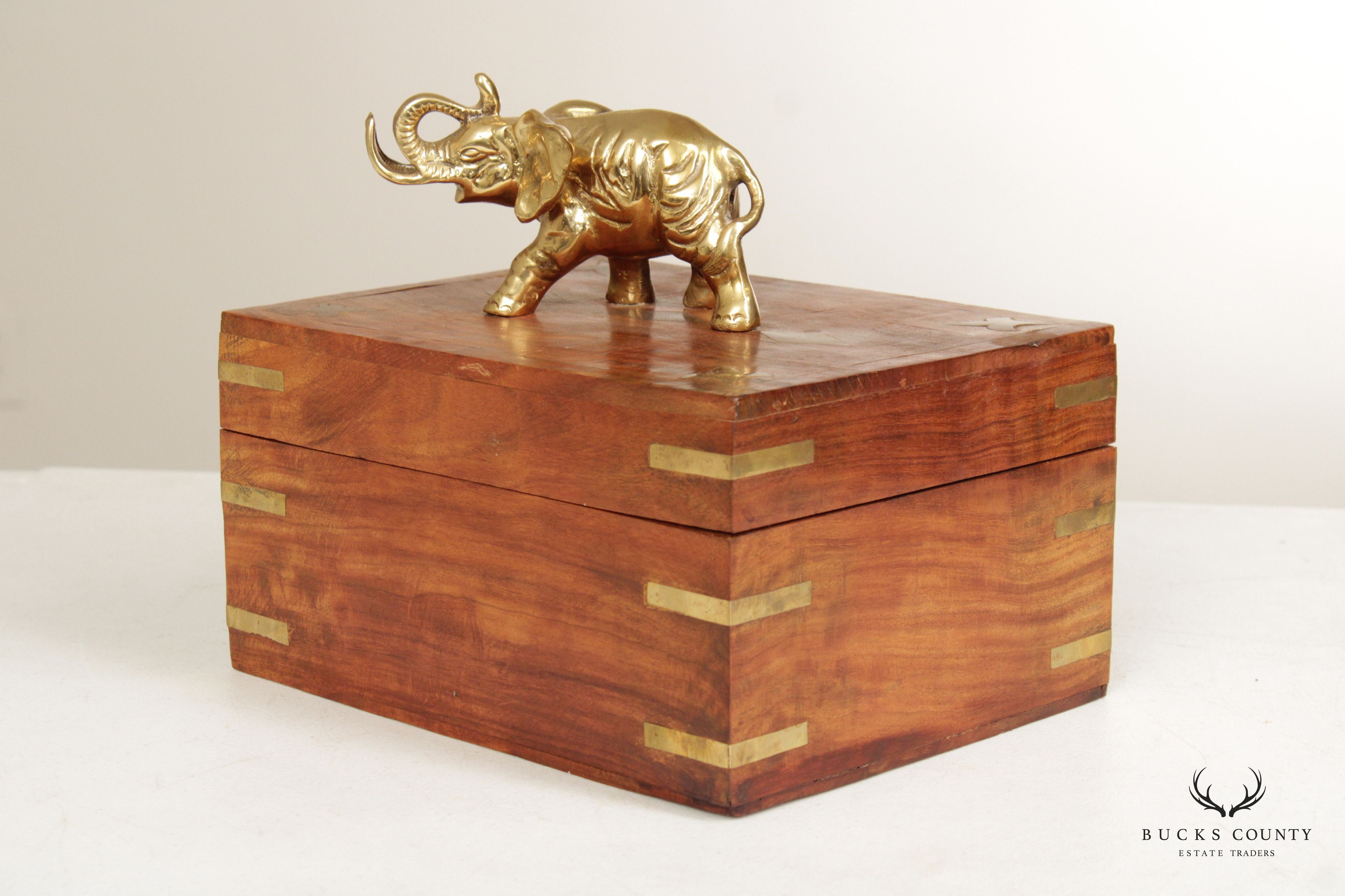 Campaign Style Teak and Brass Elephant Cigar or Jewelry Box