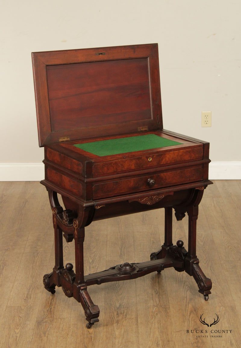 Antique Victorian George Hess Inlaid Walnut Sewing Stand or Dressing Table
