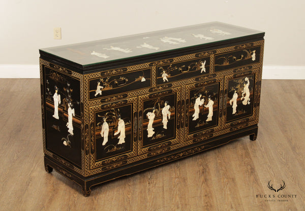 Chinese Black Lacquer and Carved Soapstone Sideboard