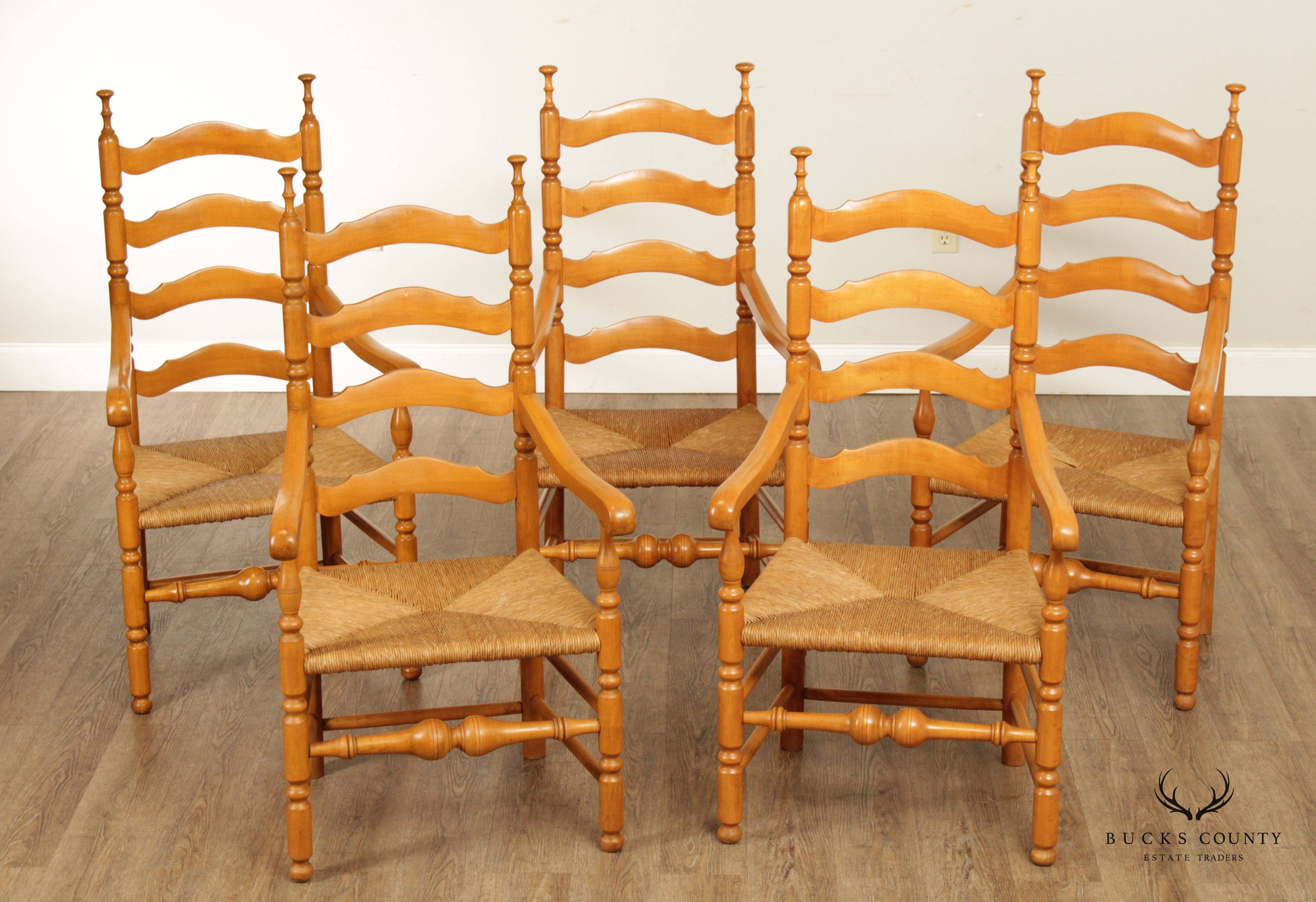 Custom Crafted Set of Five Delaware Valley Ladderback Rush Seat Dining Armchairs