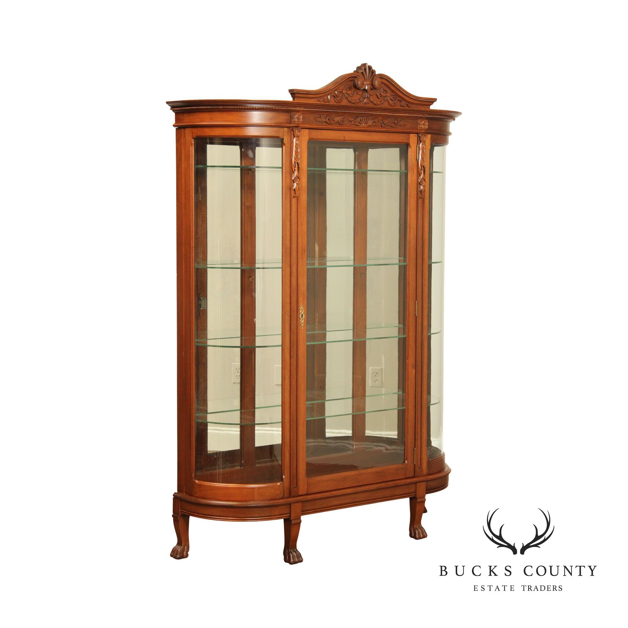 Antique Victorian Renaissance Revival Carved Walnut Bowfront China Display Cabinet