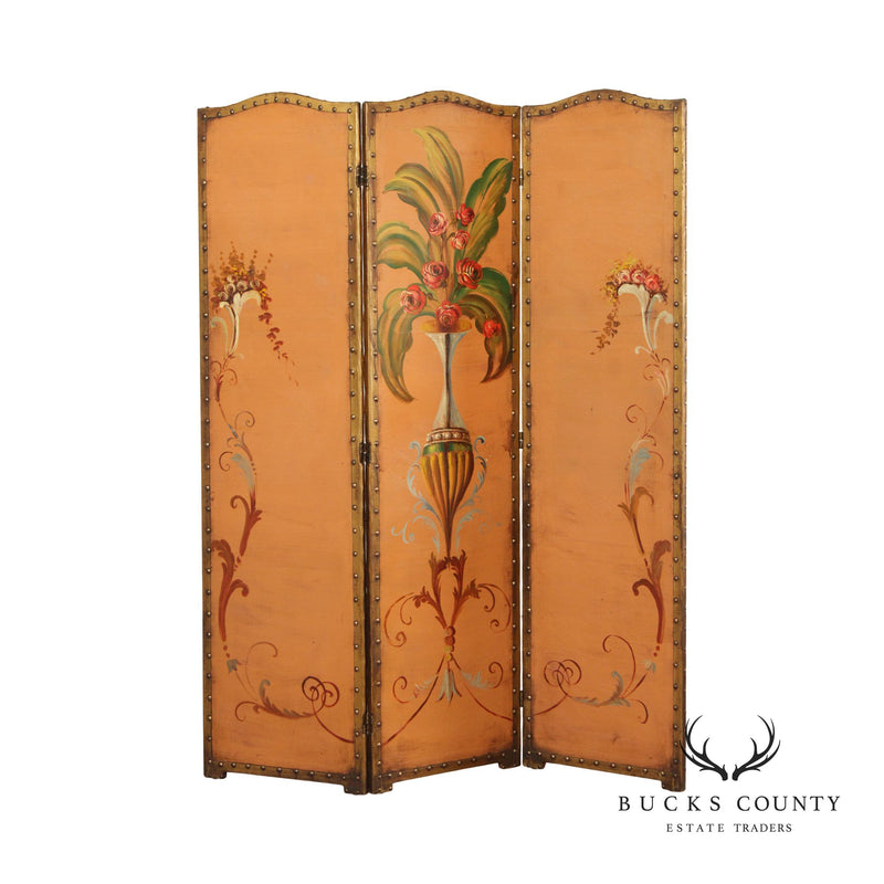 Antique Victorian Floral Painted Leather Folding Screen