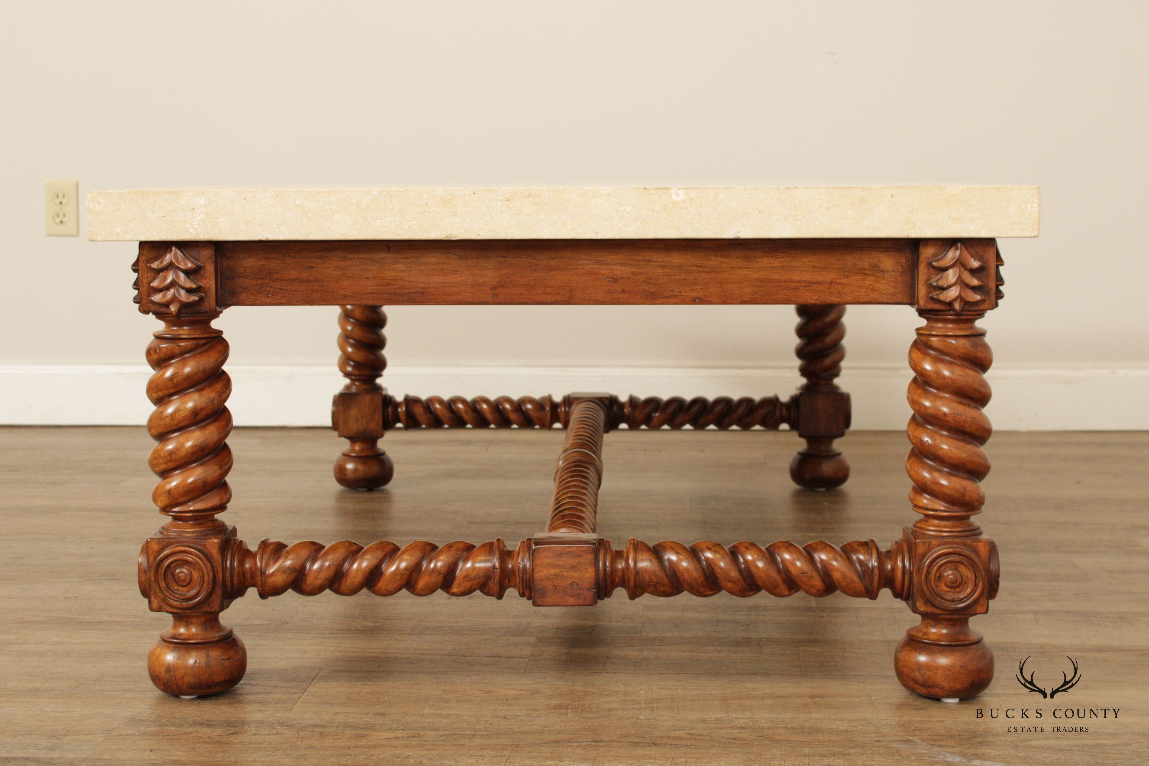 Jacobean Style Barley Twist Travertine Stone Top Coffee Table