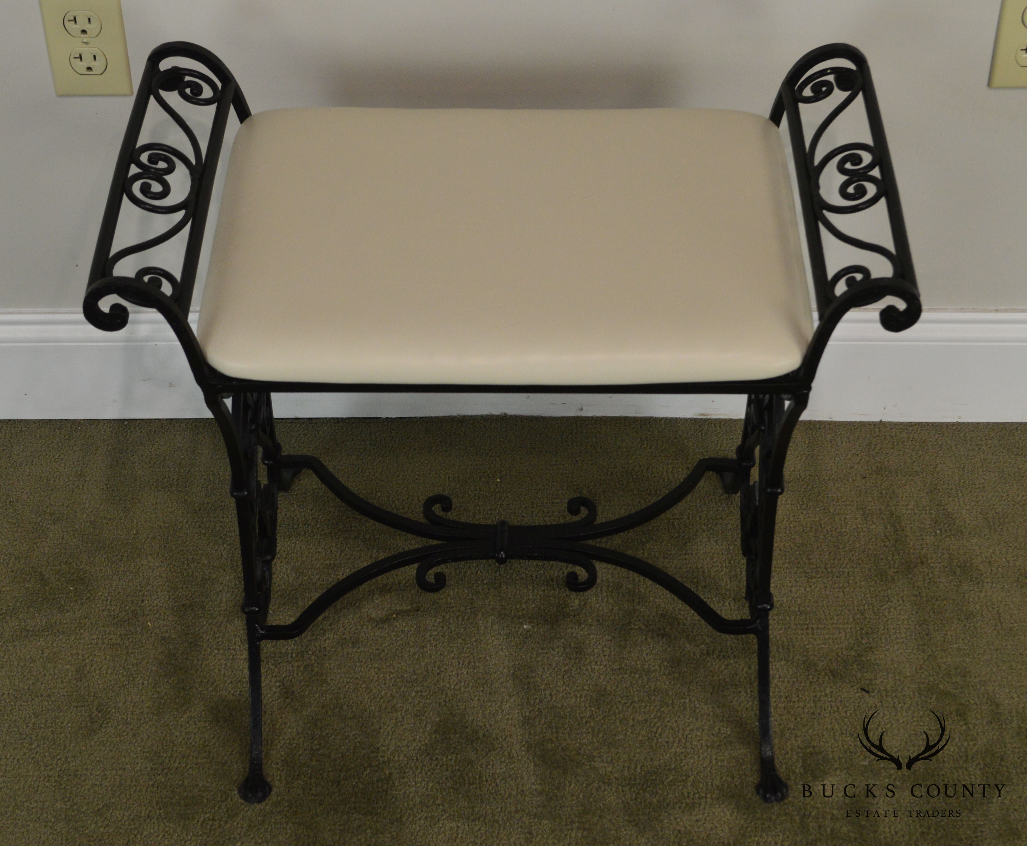 Wrought Iron Art Deco Period Vintage Leather Seat Bench