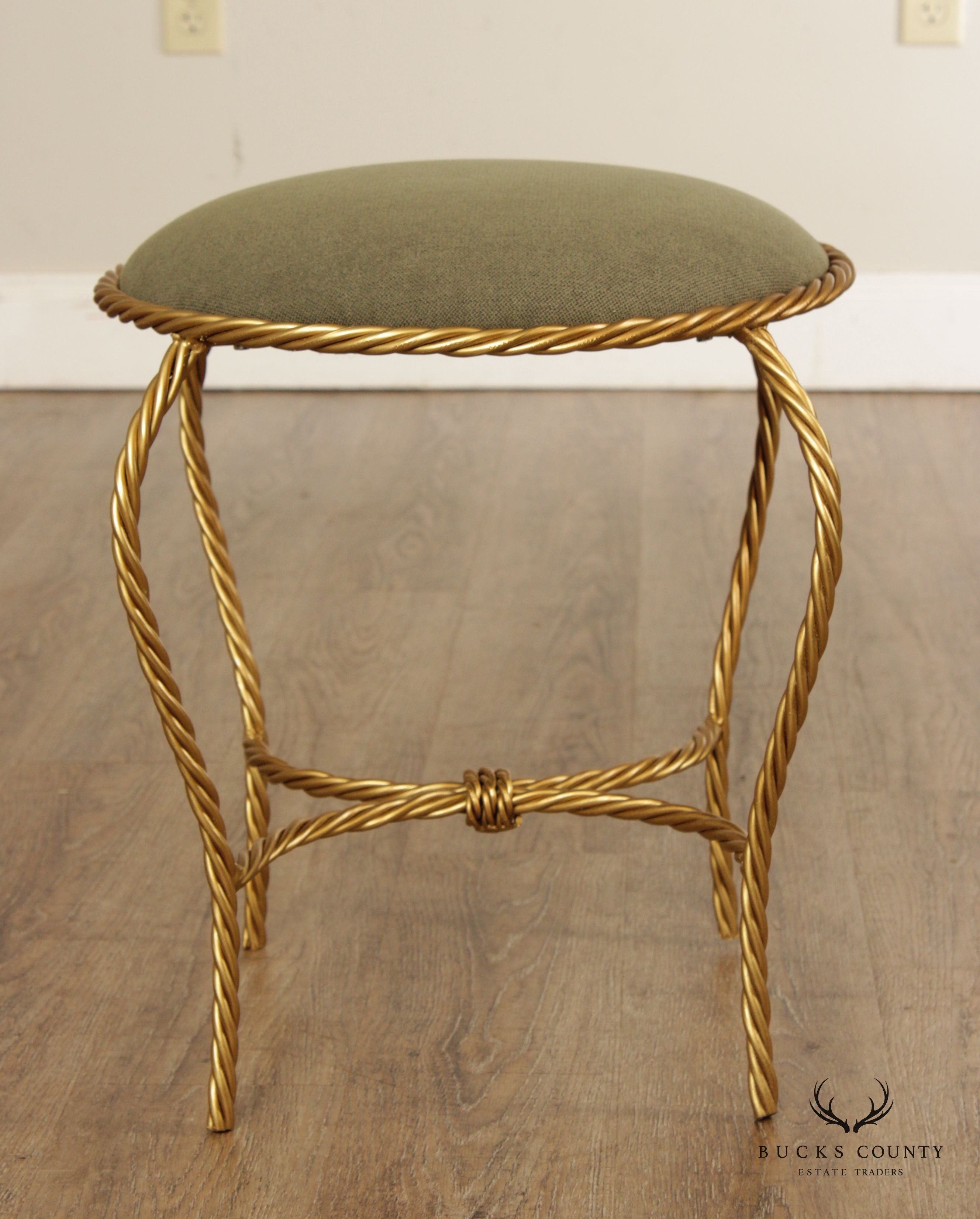 Italian Hollywood Regency Pair Gilt Rope Twist Stools