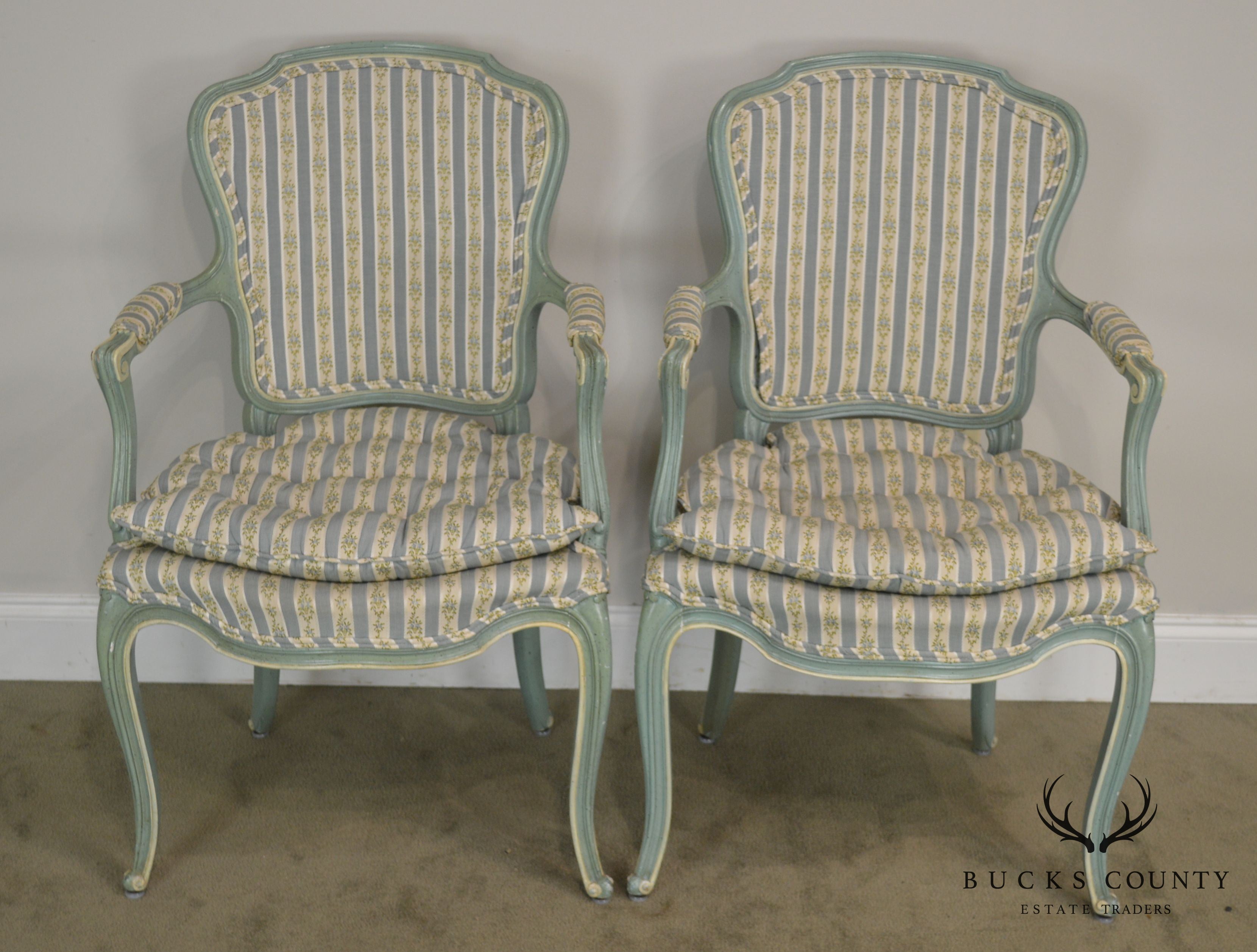 French Louis XV Style Vintage 1960's Custom Painted Pair Armchairs