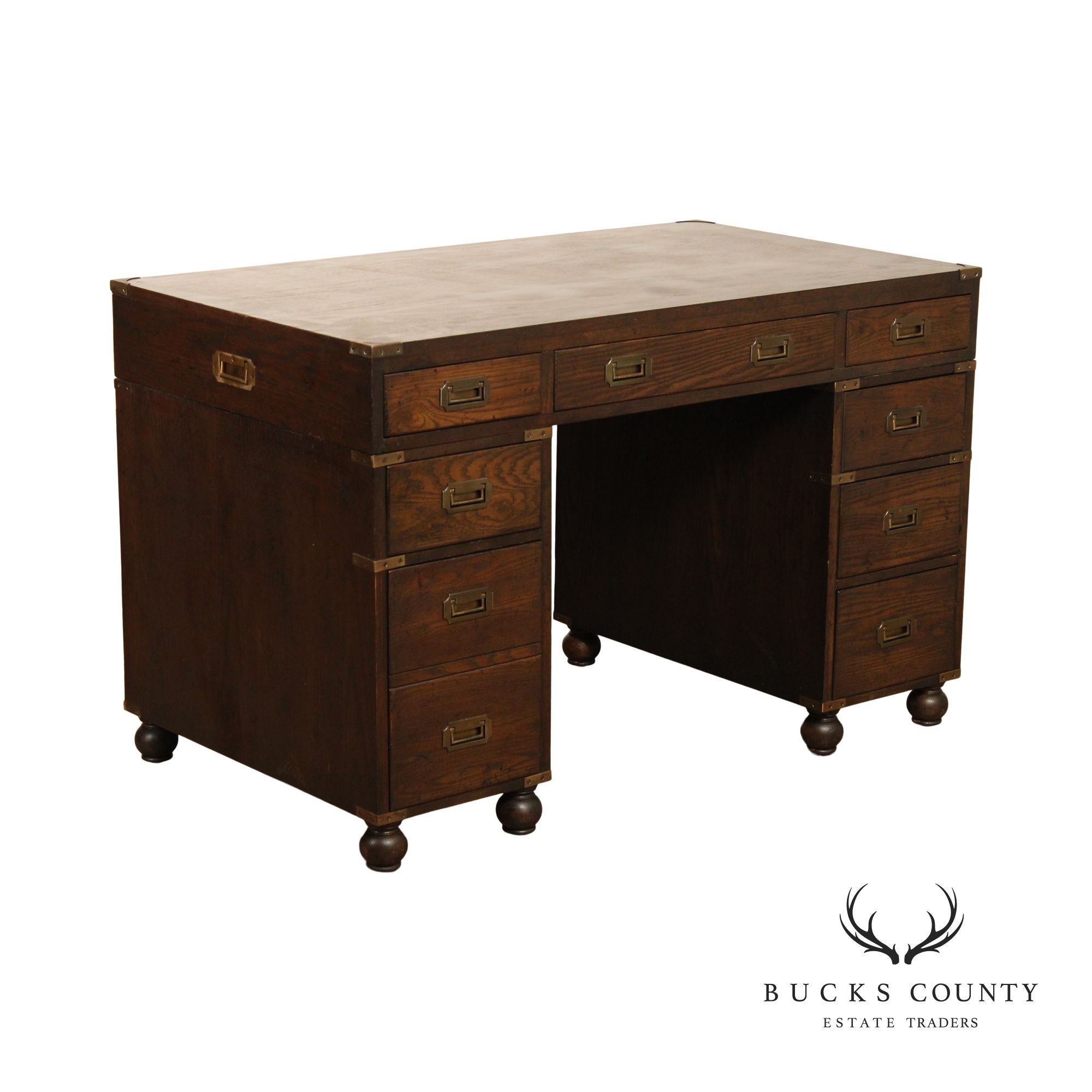 Campaign Style Vintage Oak Pedestal Writing Desk