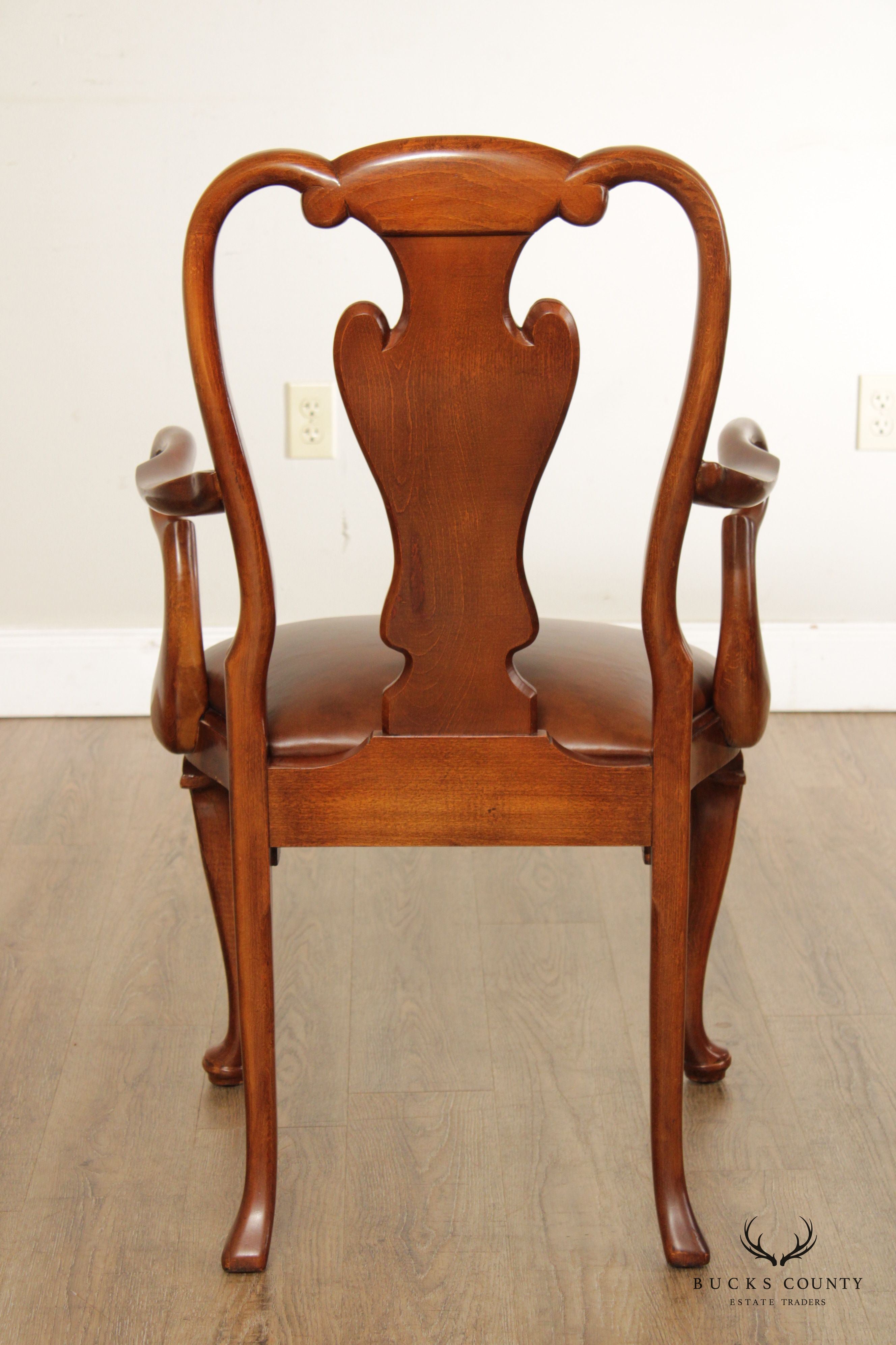 Queen Anne Style Pair Burl Wood and Leather Armchairs