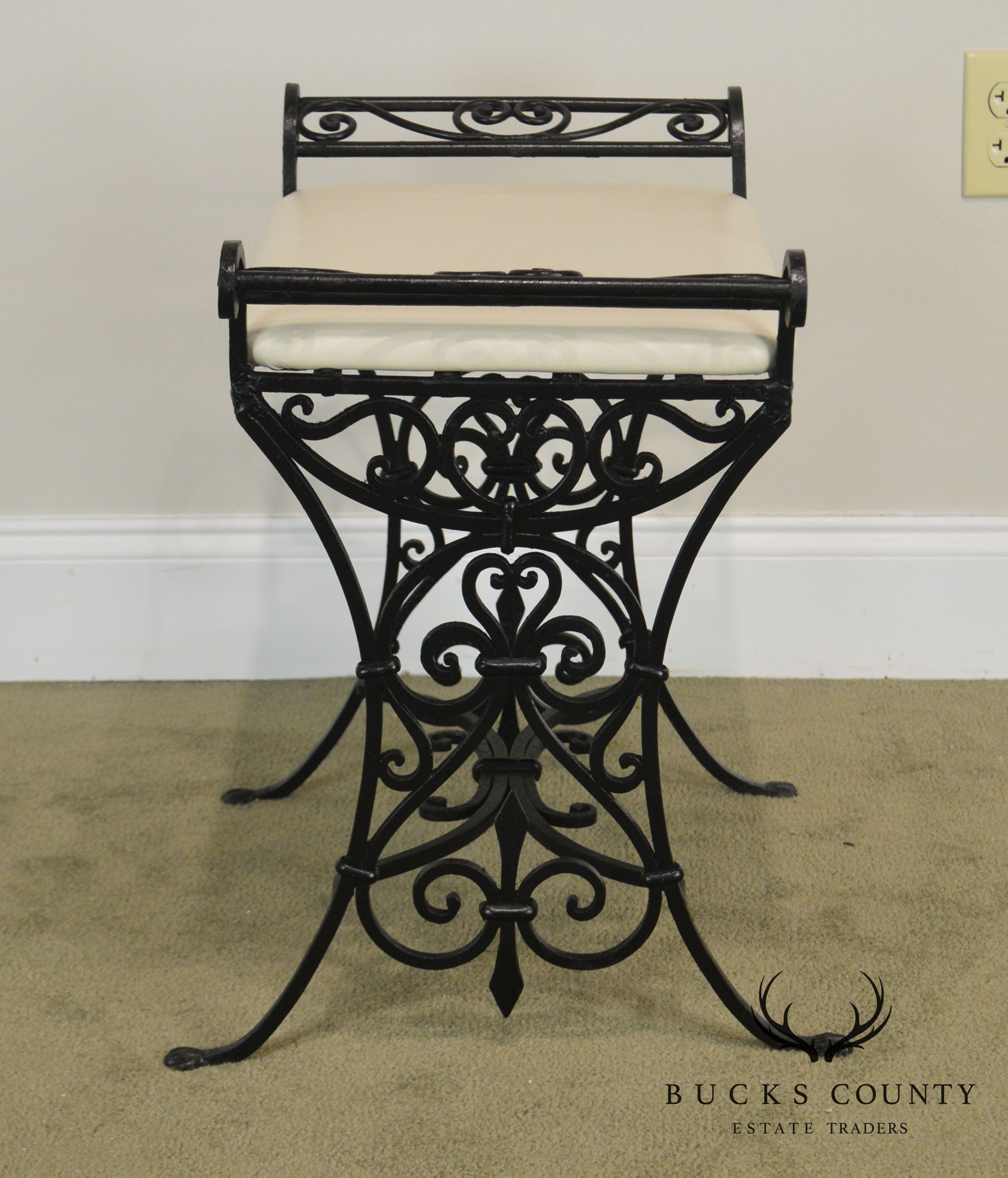 Wrought Iron Art Deco Period Vintage Leather Seat Bench