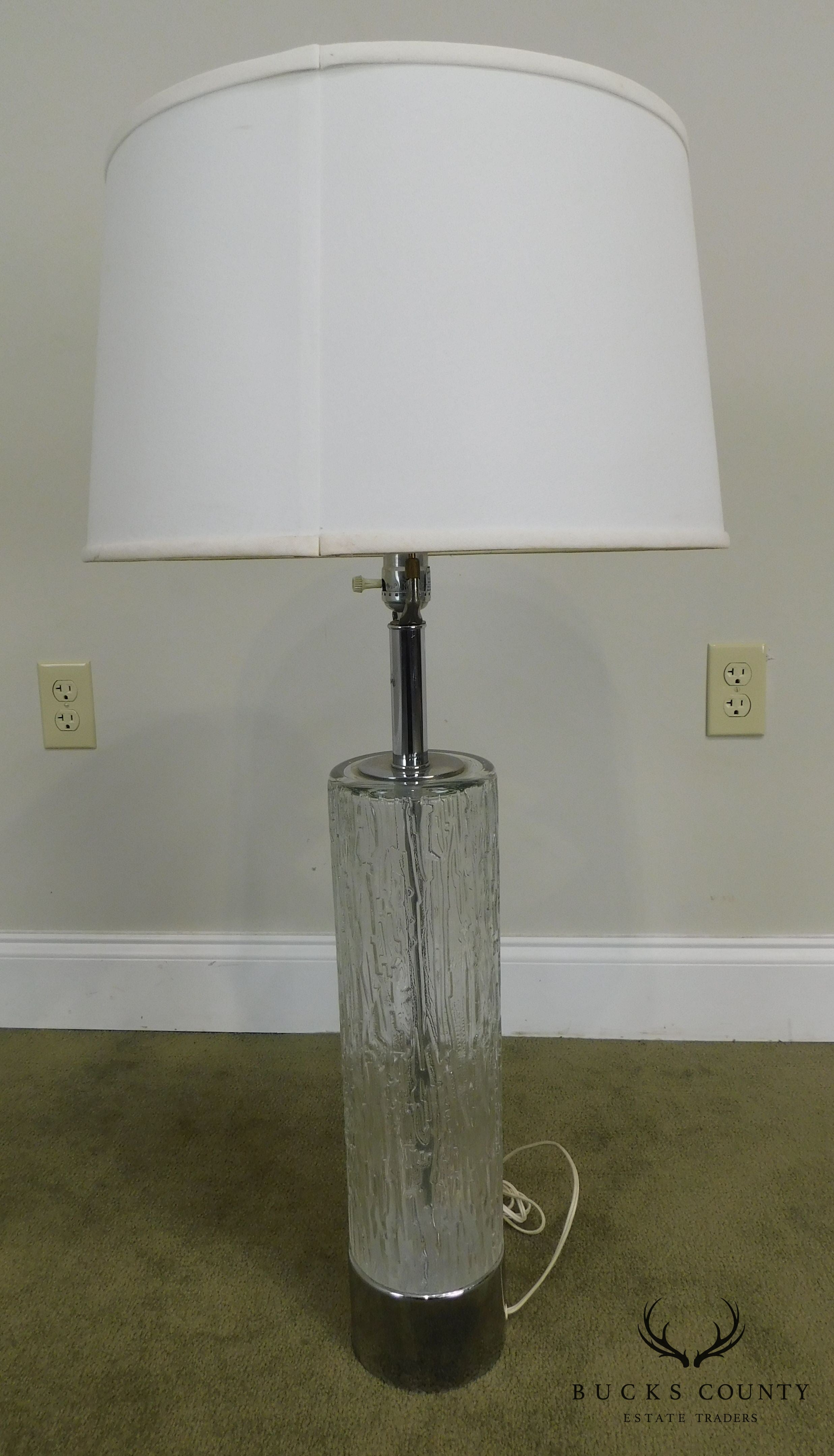 Mid Century Modern Pair of Chrome & Patterned Glass Column Lamps - 1970's