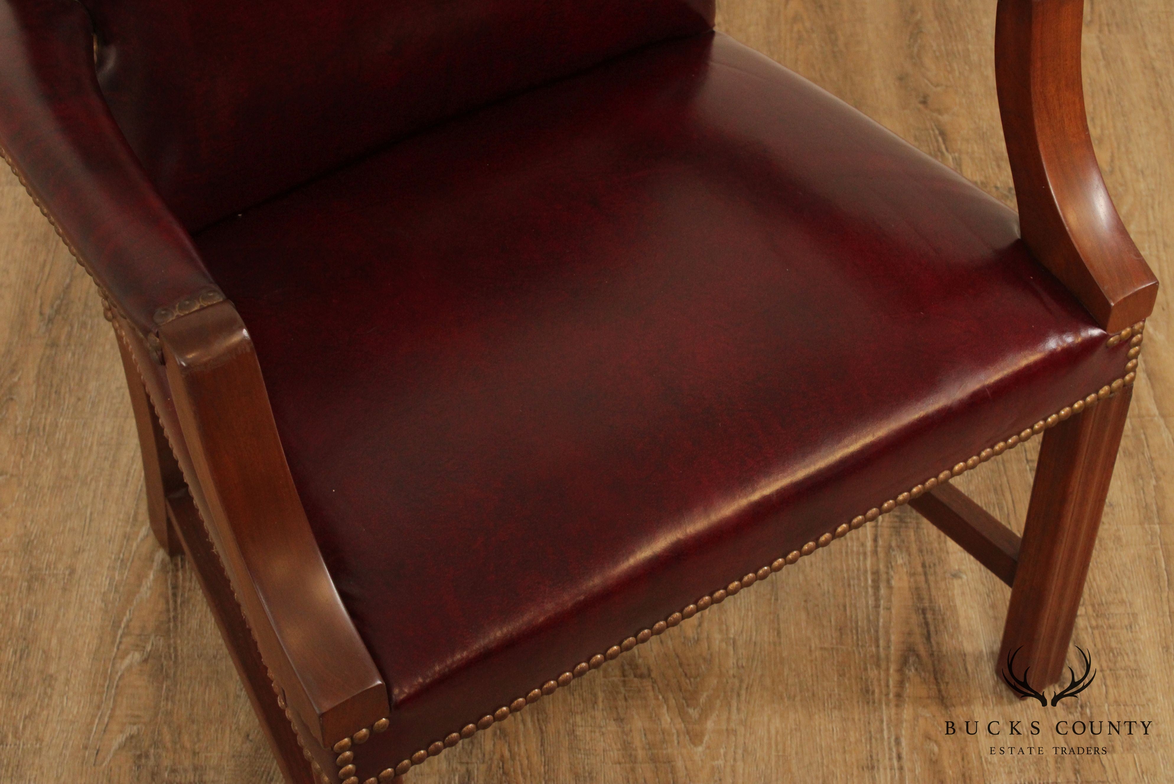 Chippendale Style Pair Mahogany Oxblood Leather Library Armchairs