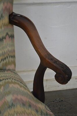 1940s Georgian Style Carved Mahogany Flame Stitch Library Arm Chair