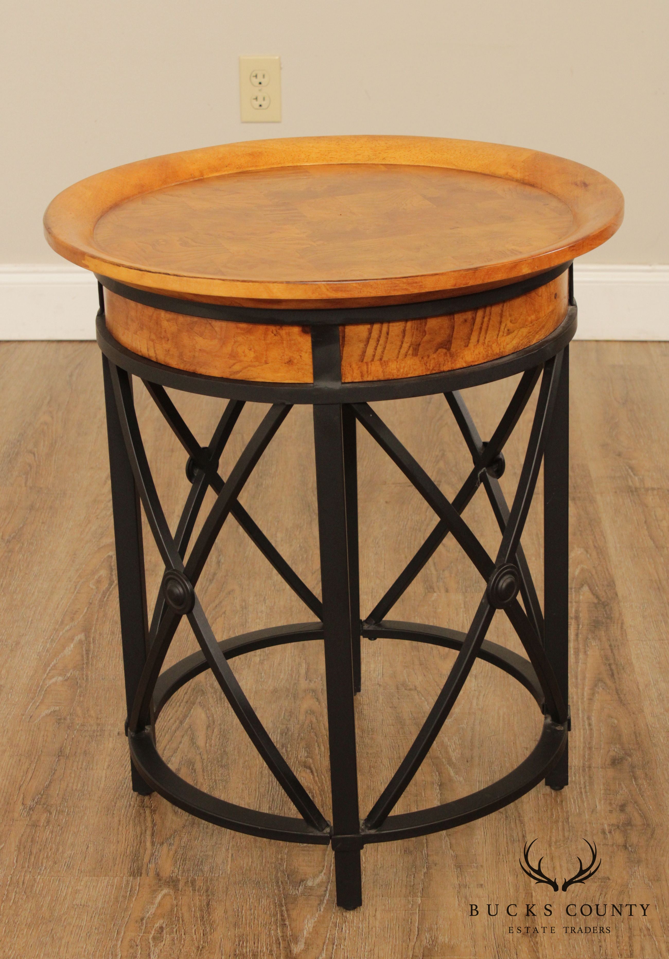 Round Iron and Burled Wood Pair Side Tables