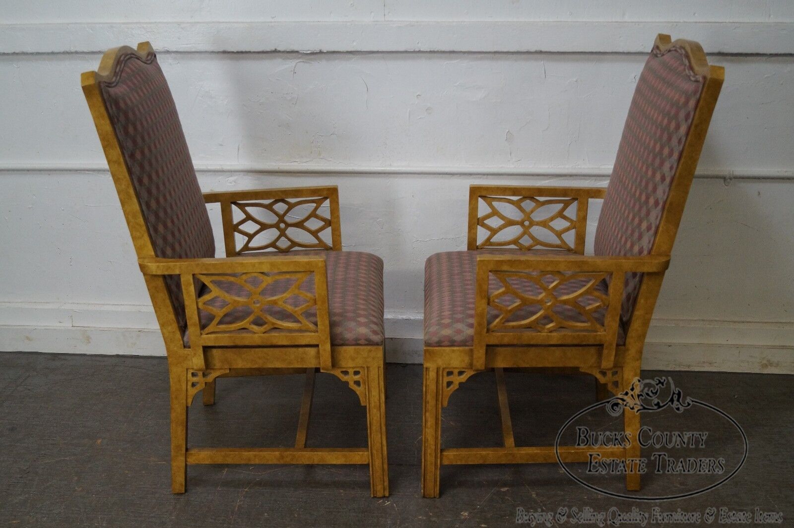 Erwin Lambeth Custom Pair of Faux Painted Chinese Chippendale Host Arm Chairs