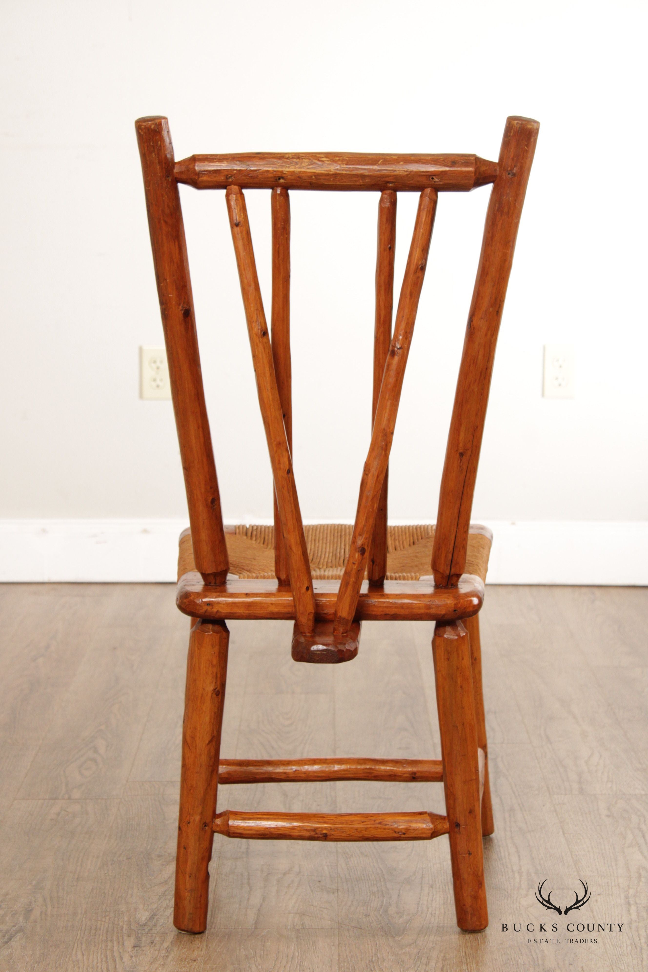 Vintage Rustic Pine Wood and Rush Seat Side Chairs