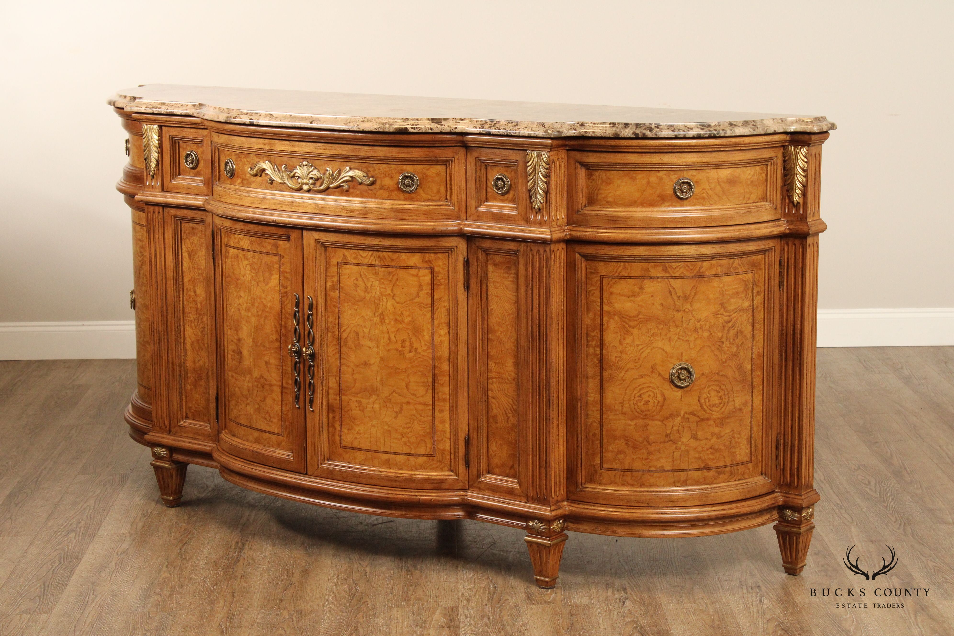 Jeffco French Louis XVI Style Marble Top Burlwood Sideboard