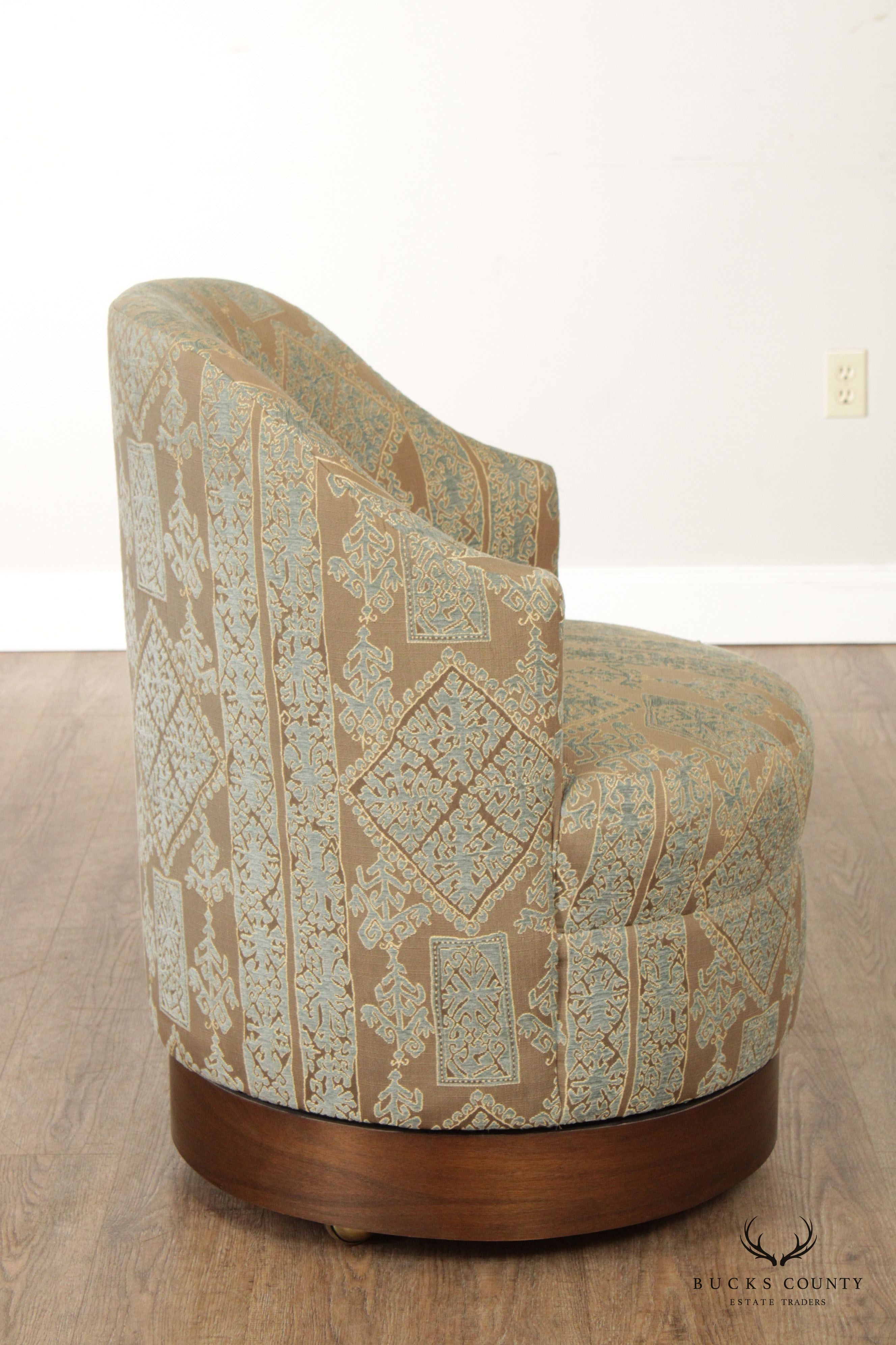 Contemporary Pair Custom Upholstered Swivel Club Chairs