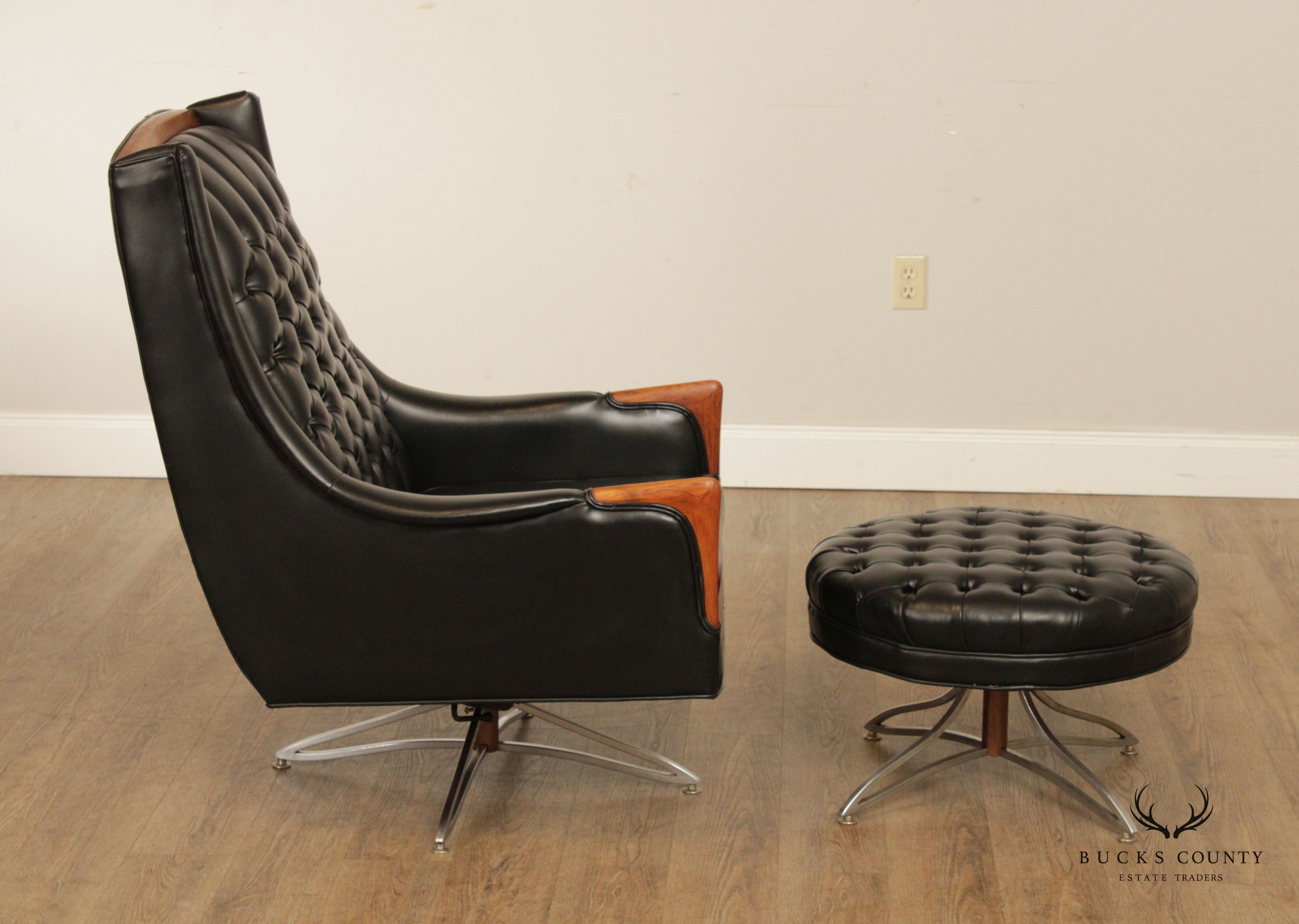 Kroehler Midcentury Modern Black Tufted Swivel Lounge Chair and Ottoman