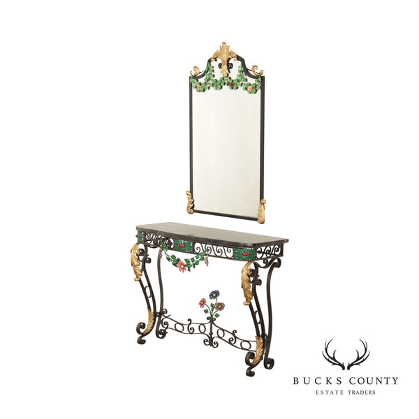 Vintage Italian Florentine Style Painted Wrought Iron Marble-Top Console Set with Mirror