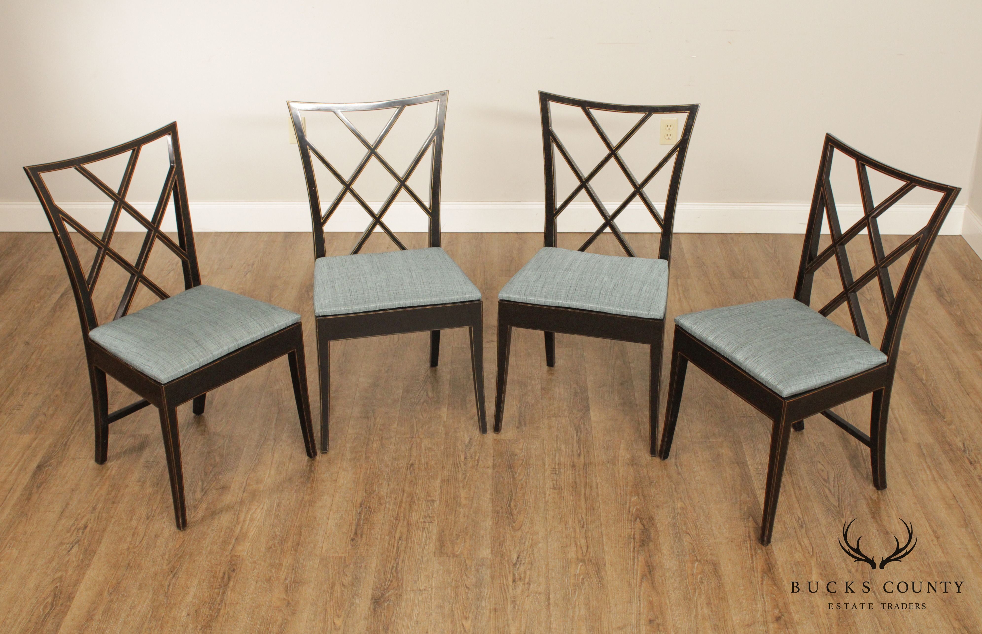 Chinese Chippendale Style Vintage Set 4 Ebonized Dining Chairs