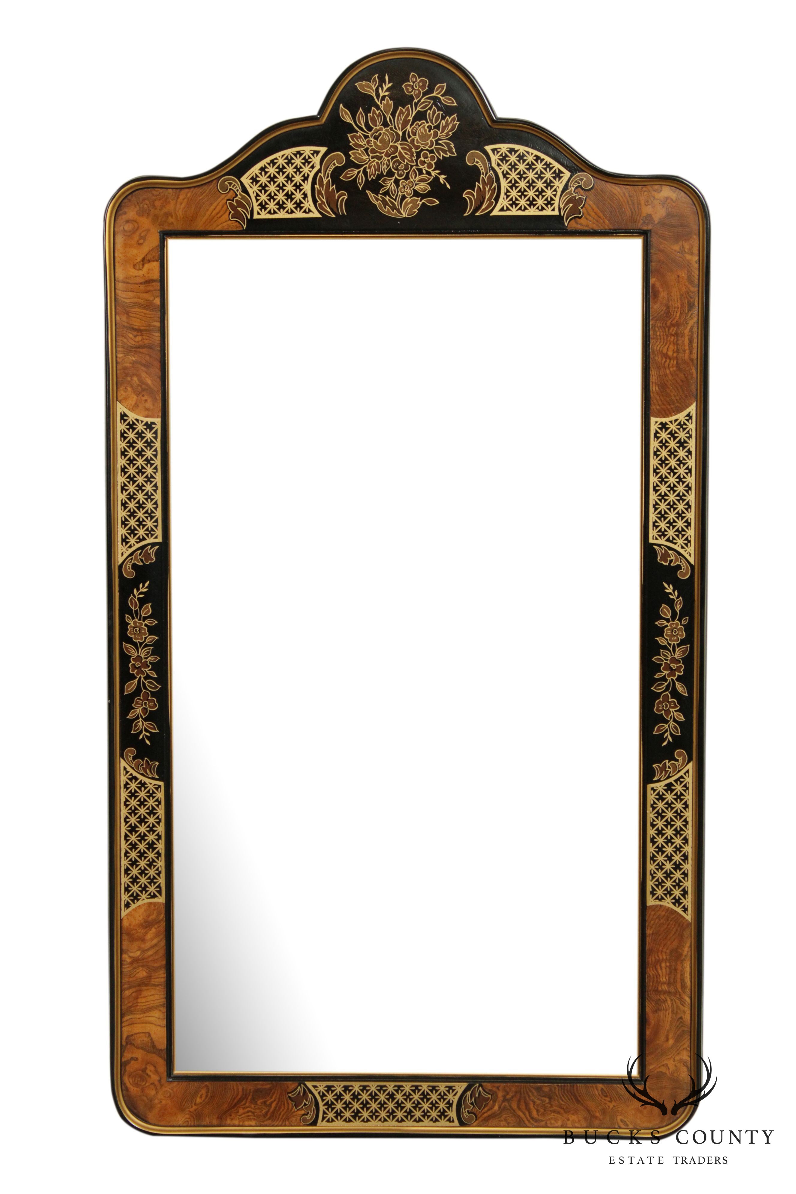 Drexel ET Cetera Burl Wood, Chinoiserie Painted Beveled Wall Mirror