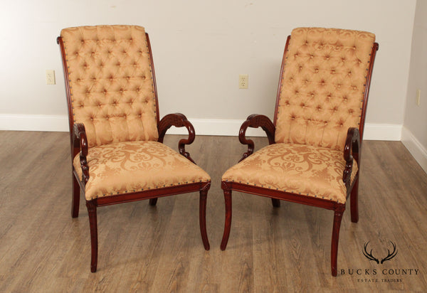 French Regency Style Pair Carved Mahogany Frame Armchairs