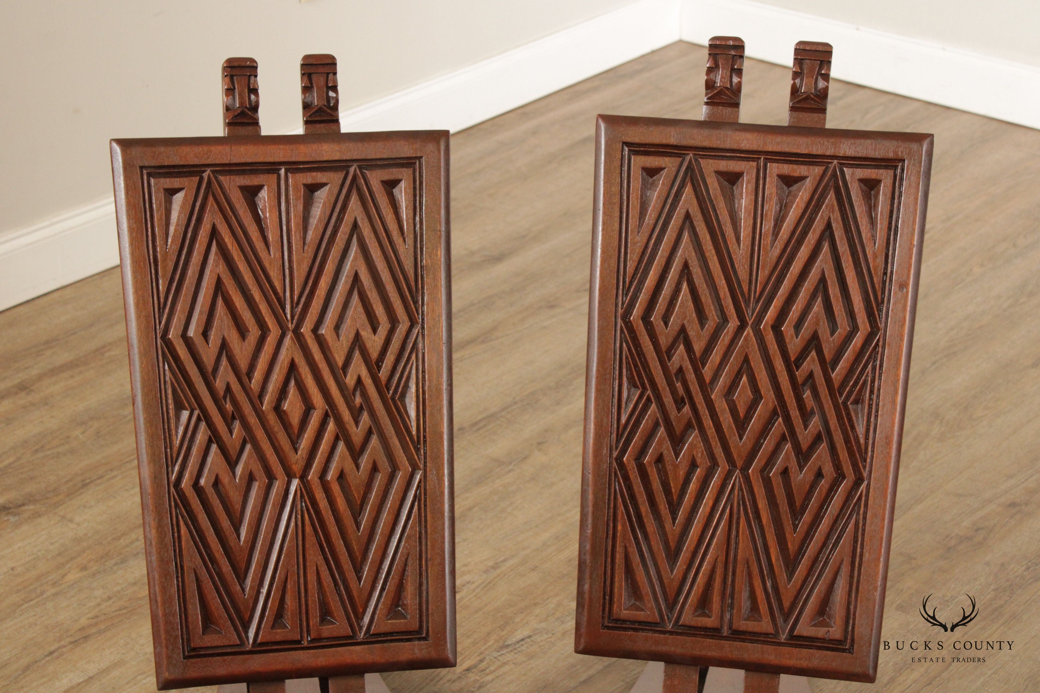 African Traditional Ceremonial Pair Mahogany Carved Folding Chairs