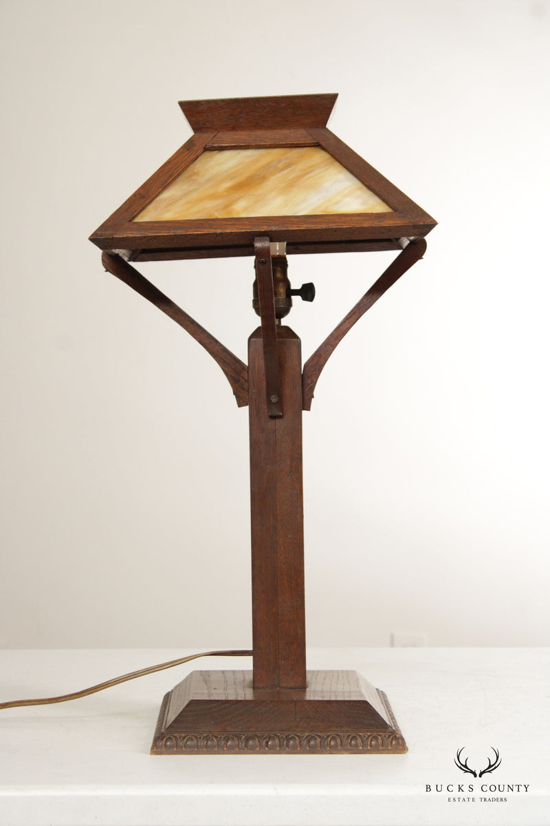 American Arts & Crafts Oak and Slag Glass Table Lamp