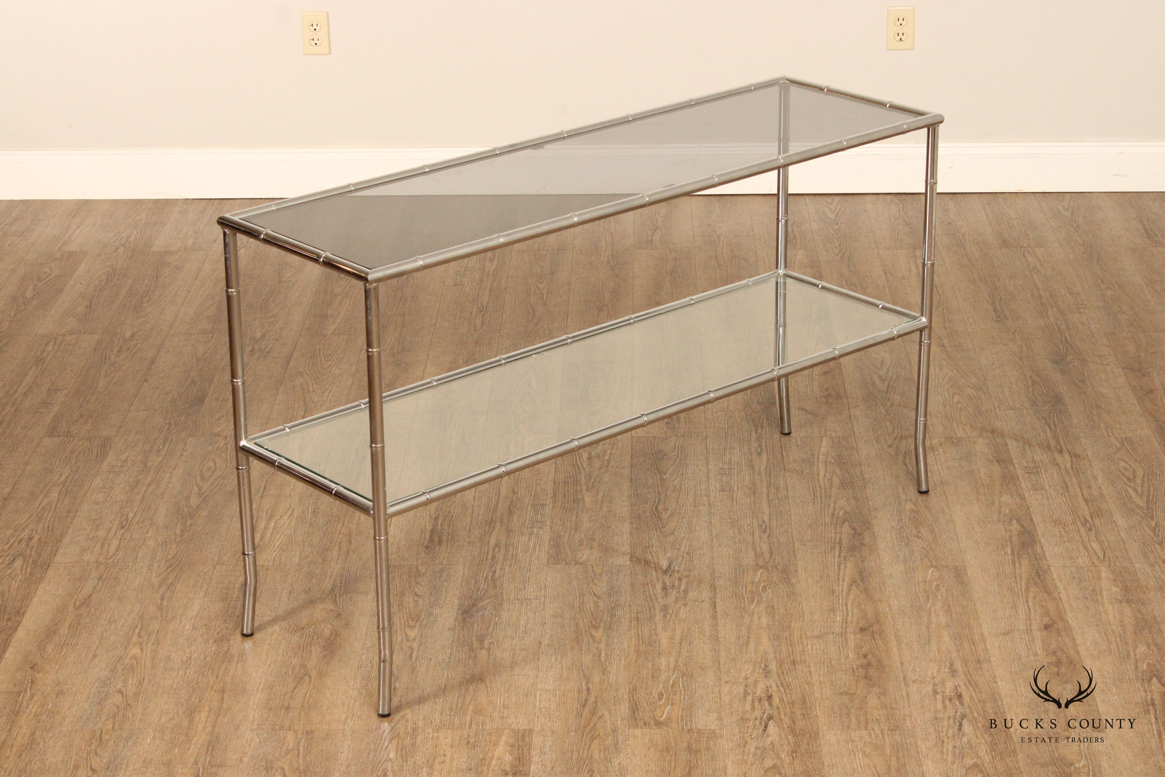 Hollywood Regency Faux Bamboo Chromed Glass Console Table