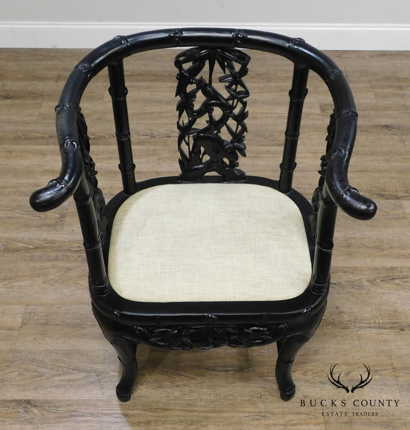 Antique Carved Chinese Hardwood Black Lacquered Armchair