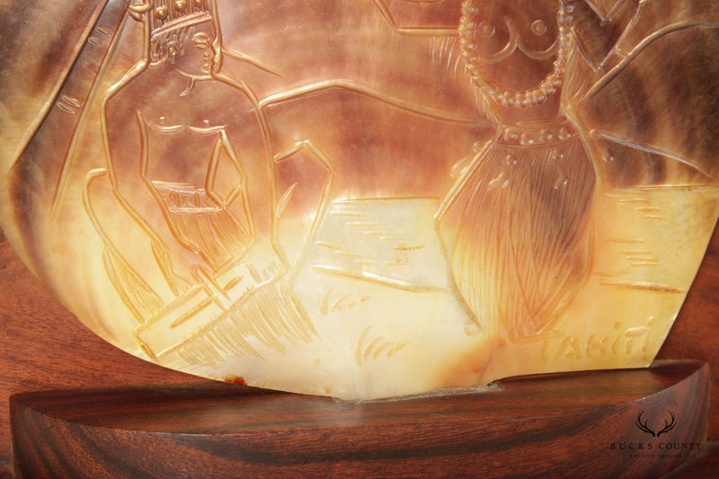 Tahitian Tiki Carved Shell and Teak Wood Lamp