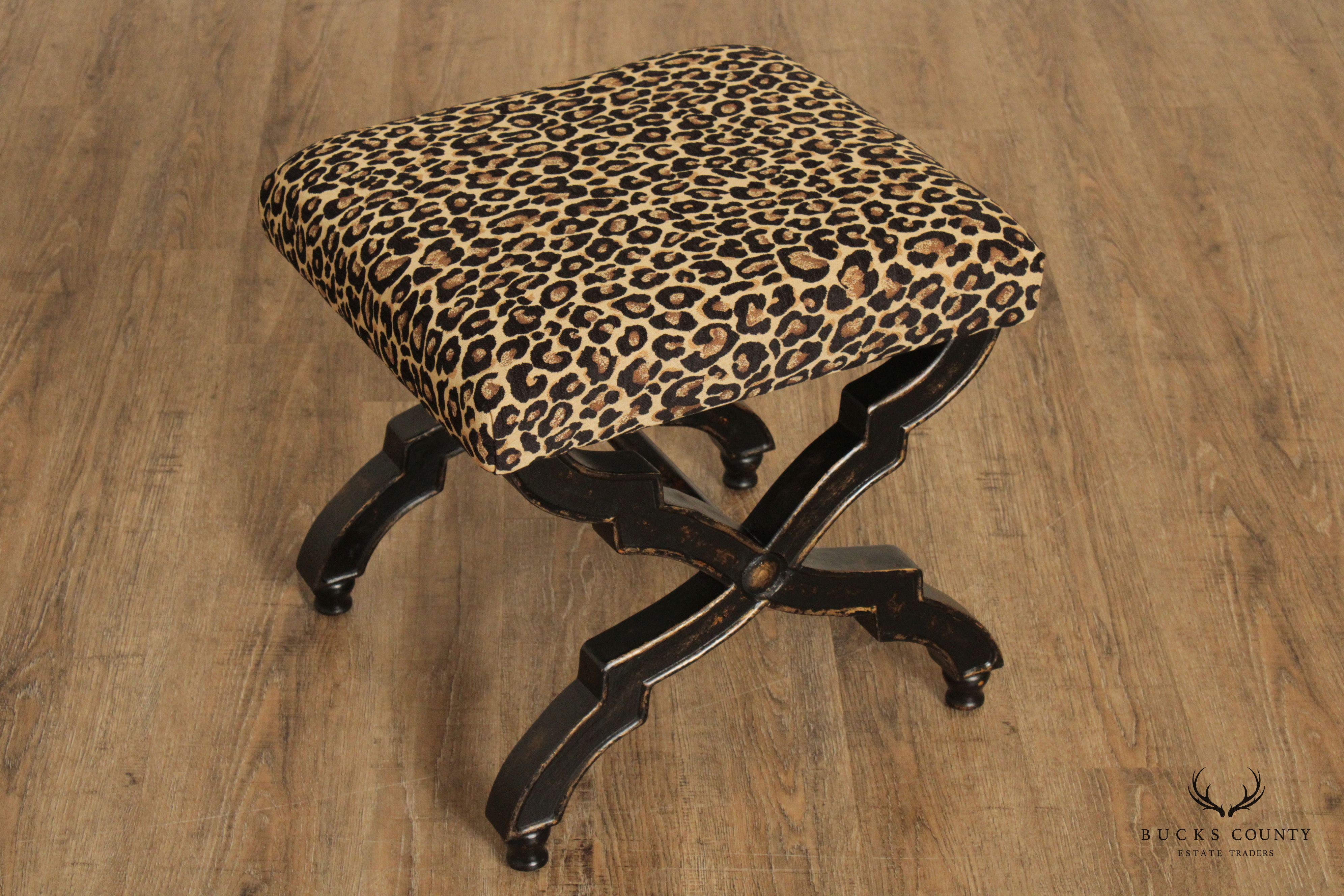 Regency Style Painted X-Frame Leopard Upholstered Ottoman Footstool