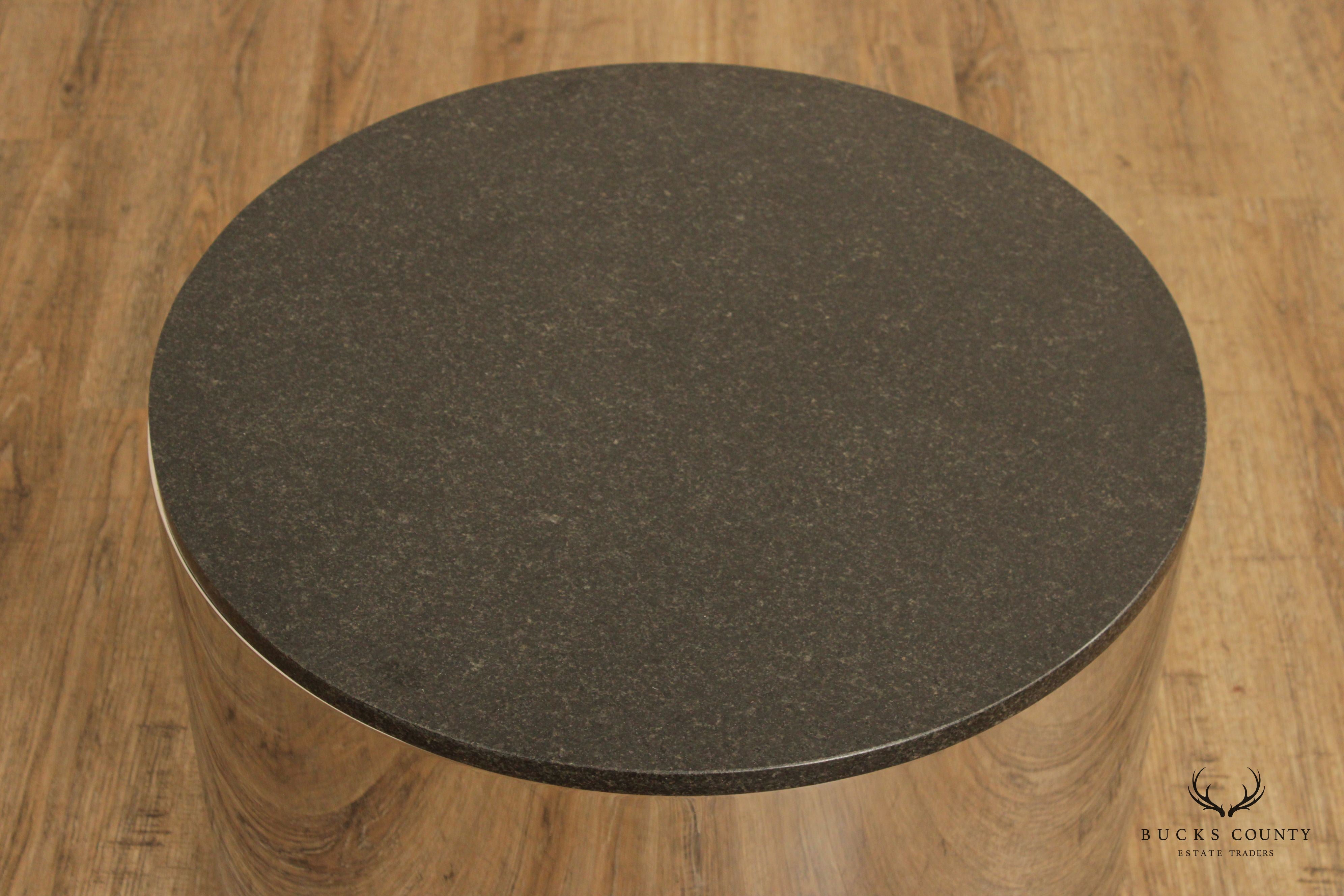 Modern 1970s Granite Top Metal Drum Side Table