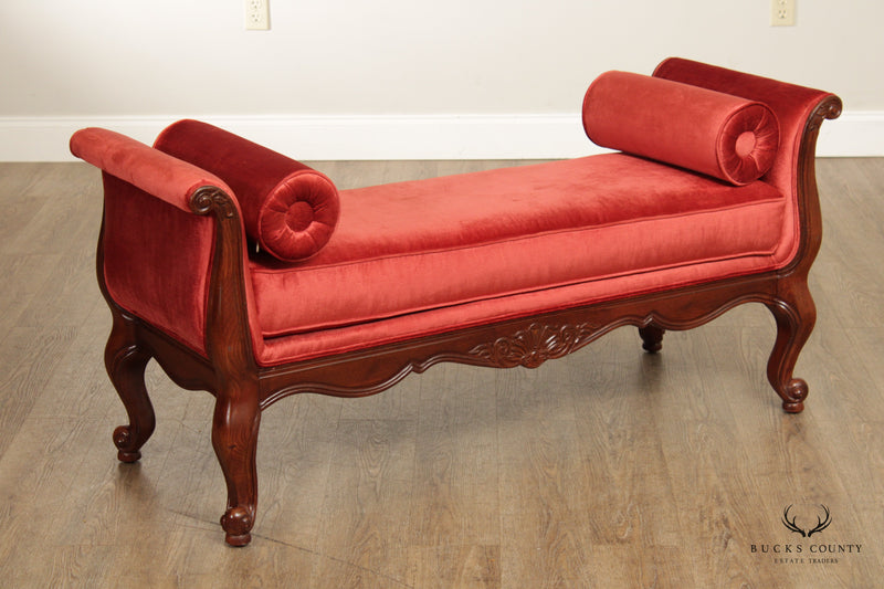 Ethan Allen French Louis XV Style Upholstered Scroll Arm Bench