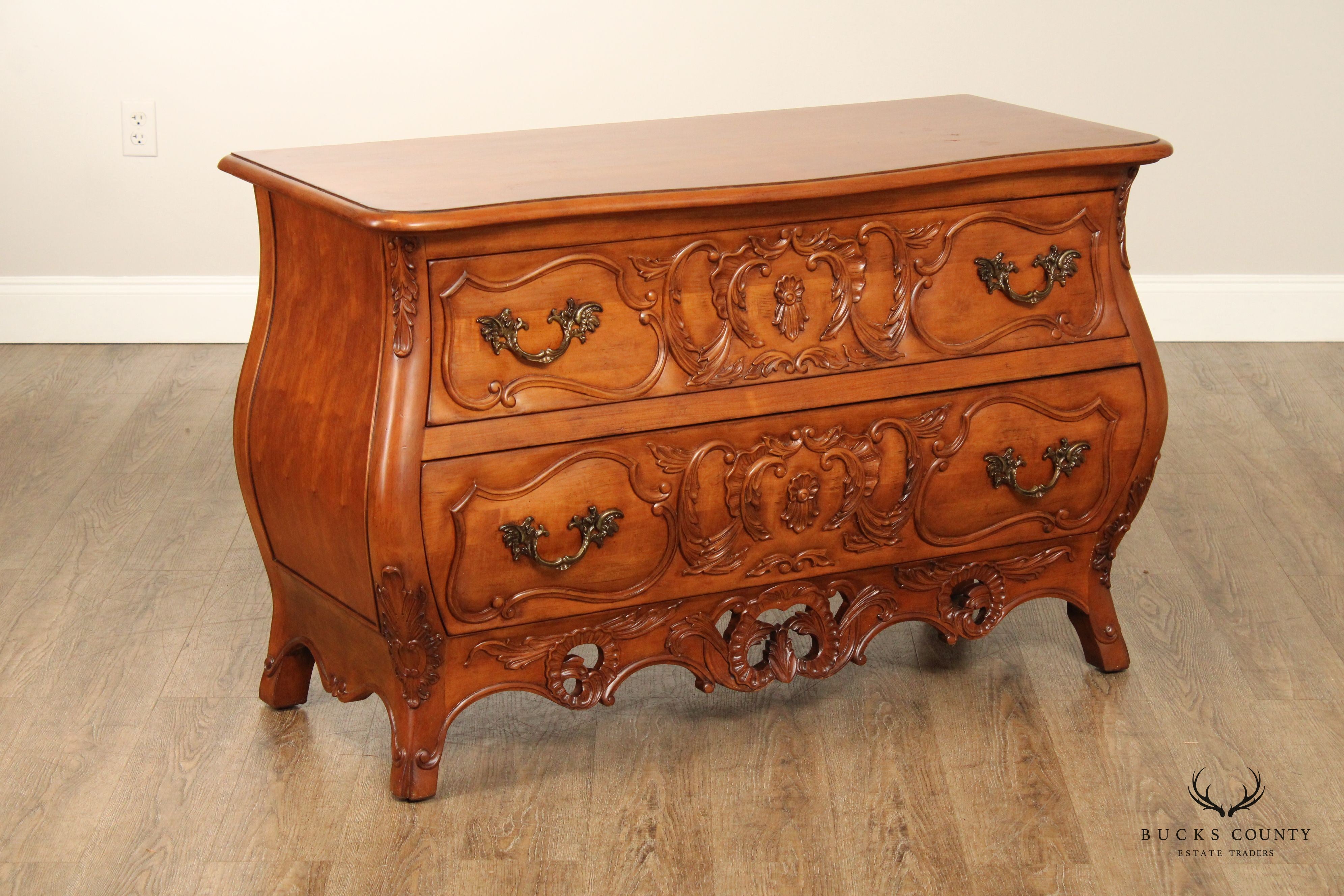 Century Furniture 'Coeur de France' Pair of Carved Cherry Bombe Chests