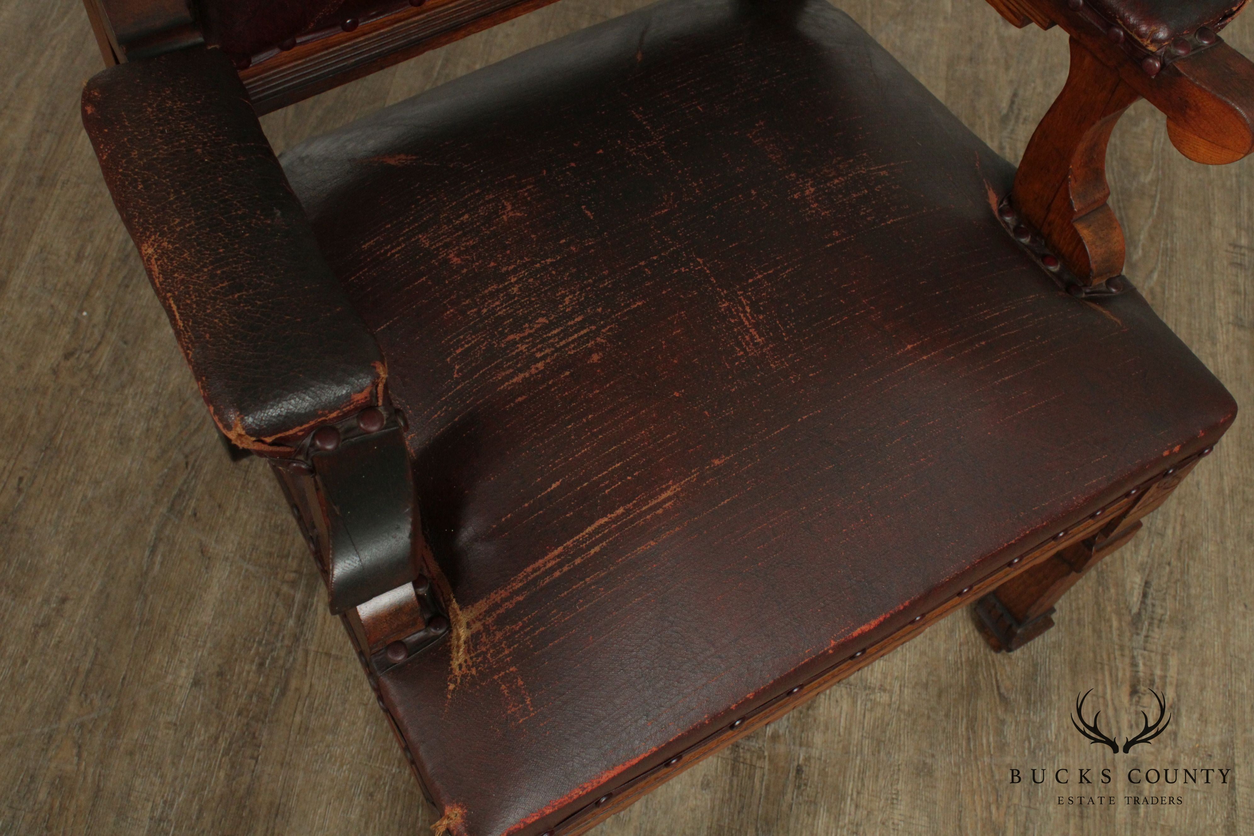 Antique Victorian Oak Pair High Back Masonic Armchairs