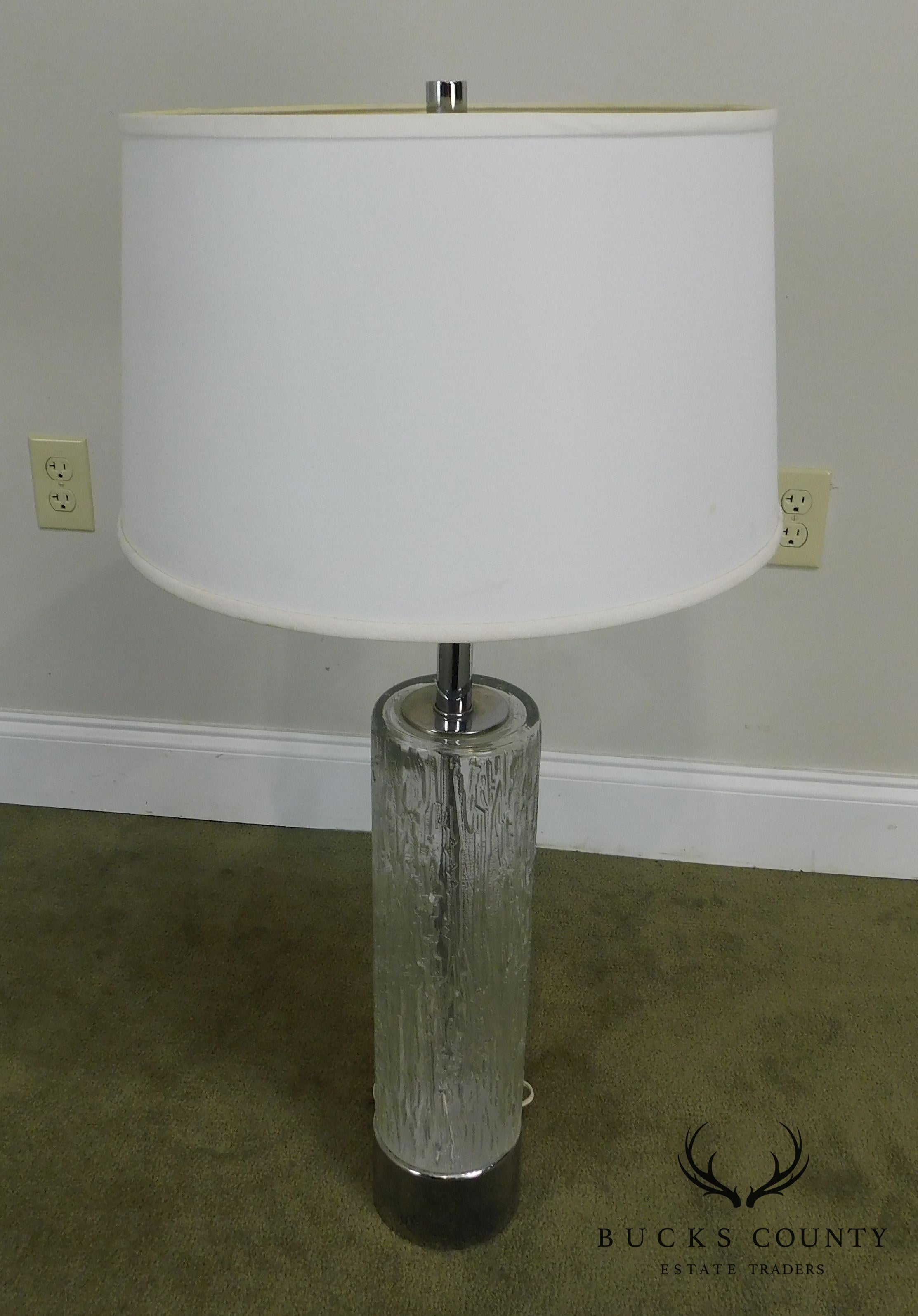 Mid Century Modern Pair of Chrome & Patterned Glass Column Lamps - 1970's