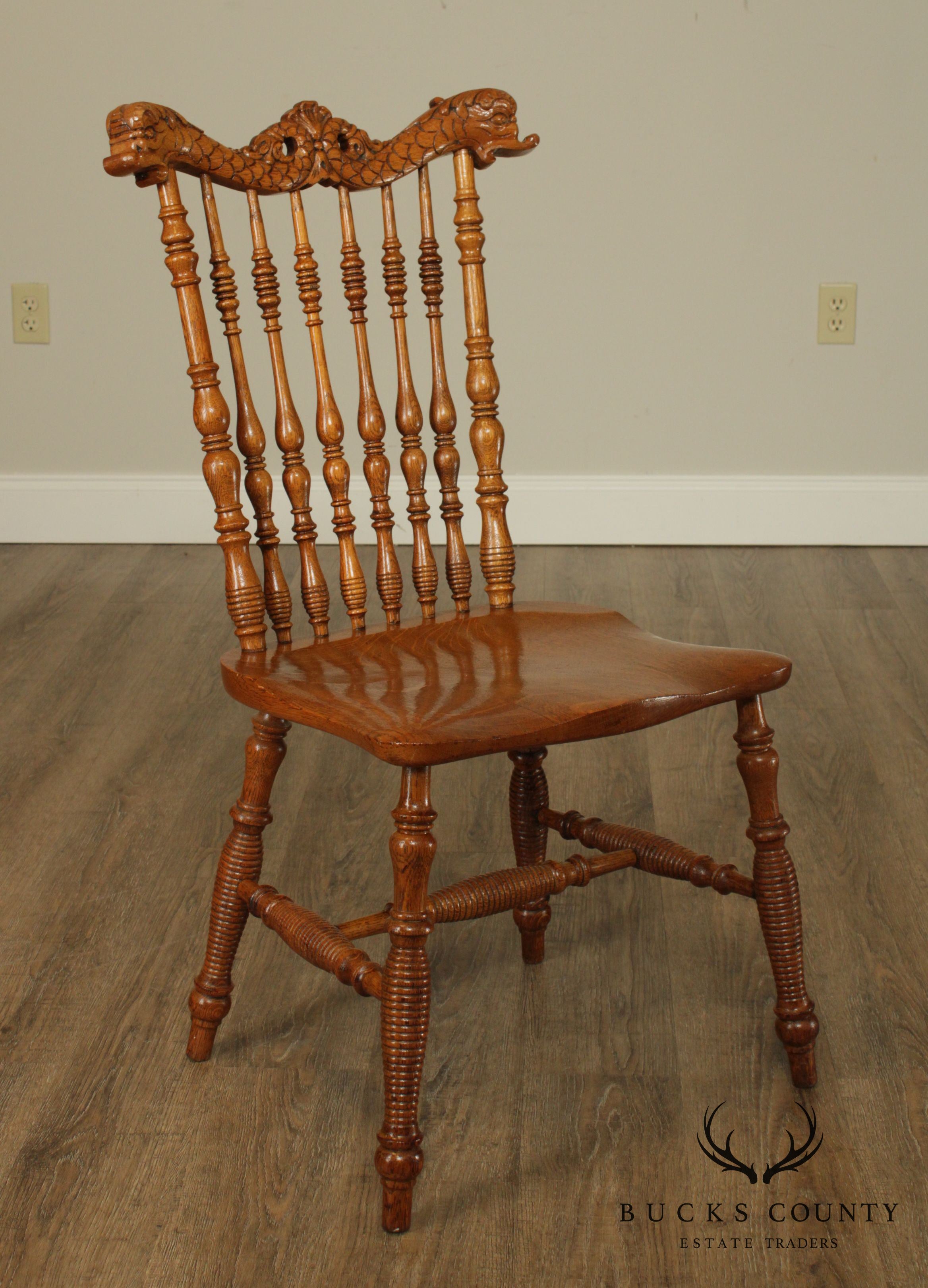 Antique Victorian Oak Turned Spindle Side Chair With Curved Dolphins