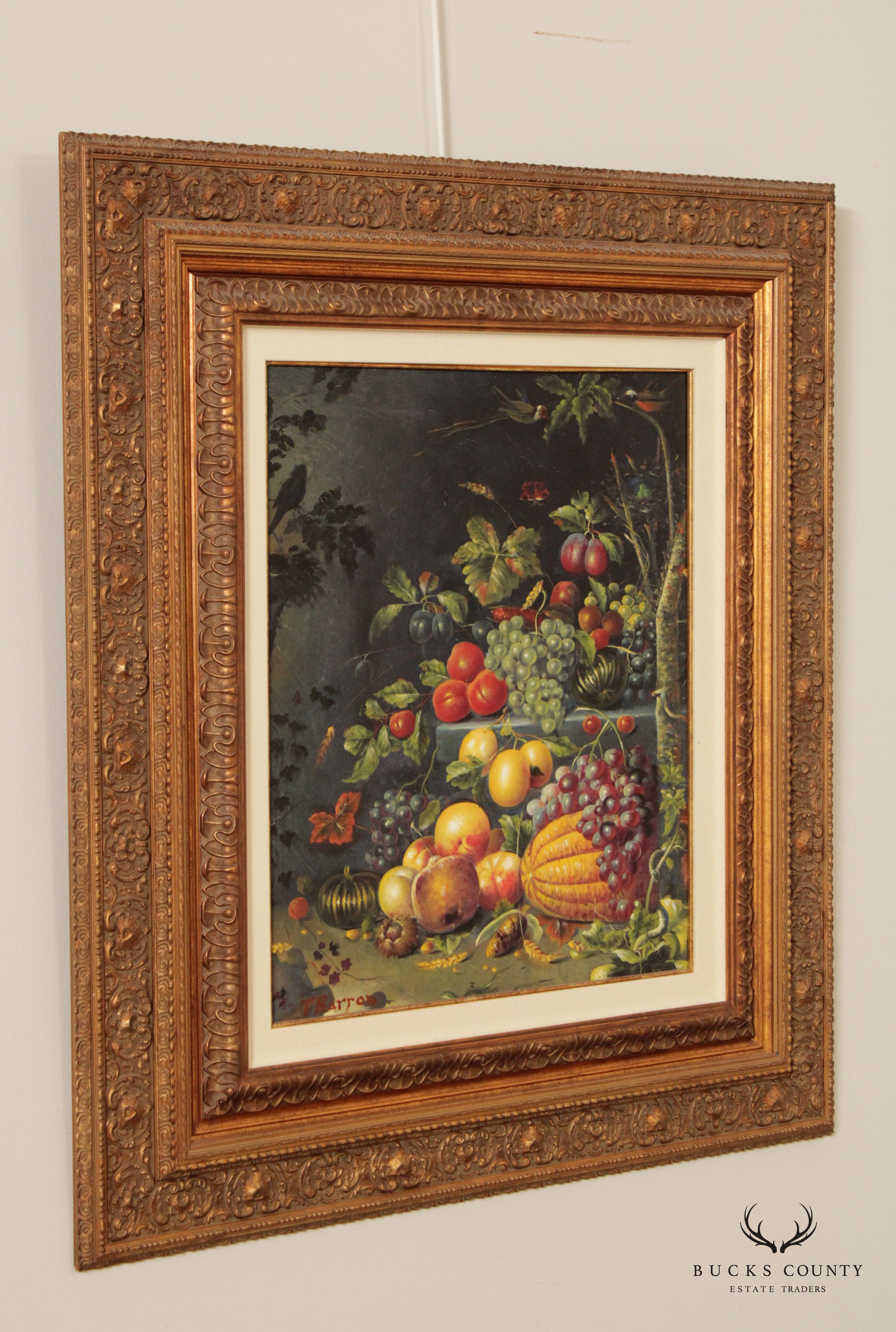 Vintage 20th C. Baroque Style Fruit Still Life Oil Painting, Signed 'T. Barron'