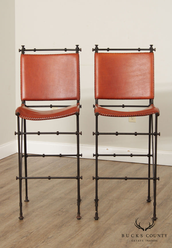 Quality Pair Forged Iron & Rebar Leather Bar Stools