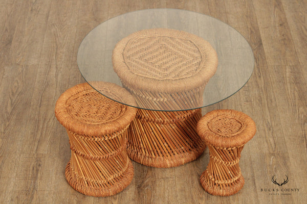 Woven Rattan Pedestal Coffee Table and Two Stands